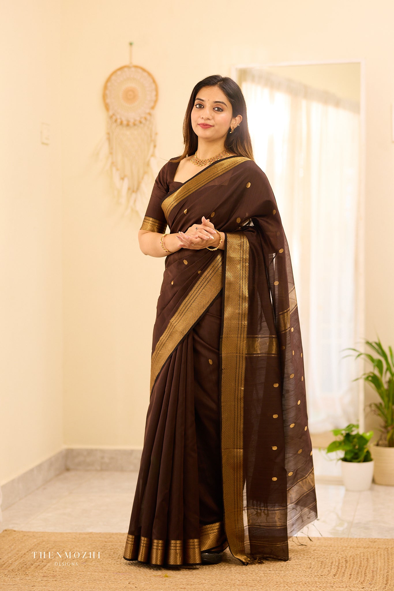 Mocha Brown Maheshwari silk cotton saree