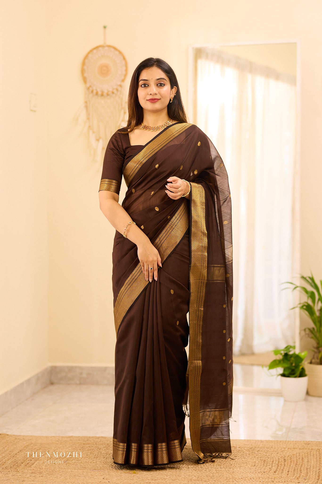 Mocha Brown Maheshwari silk cotton saree