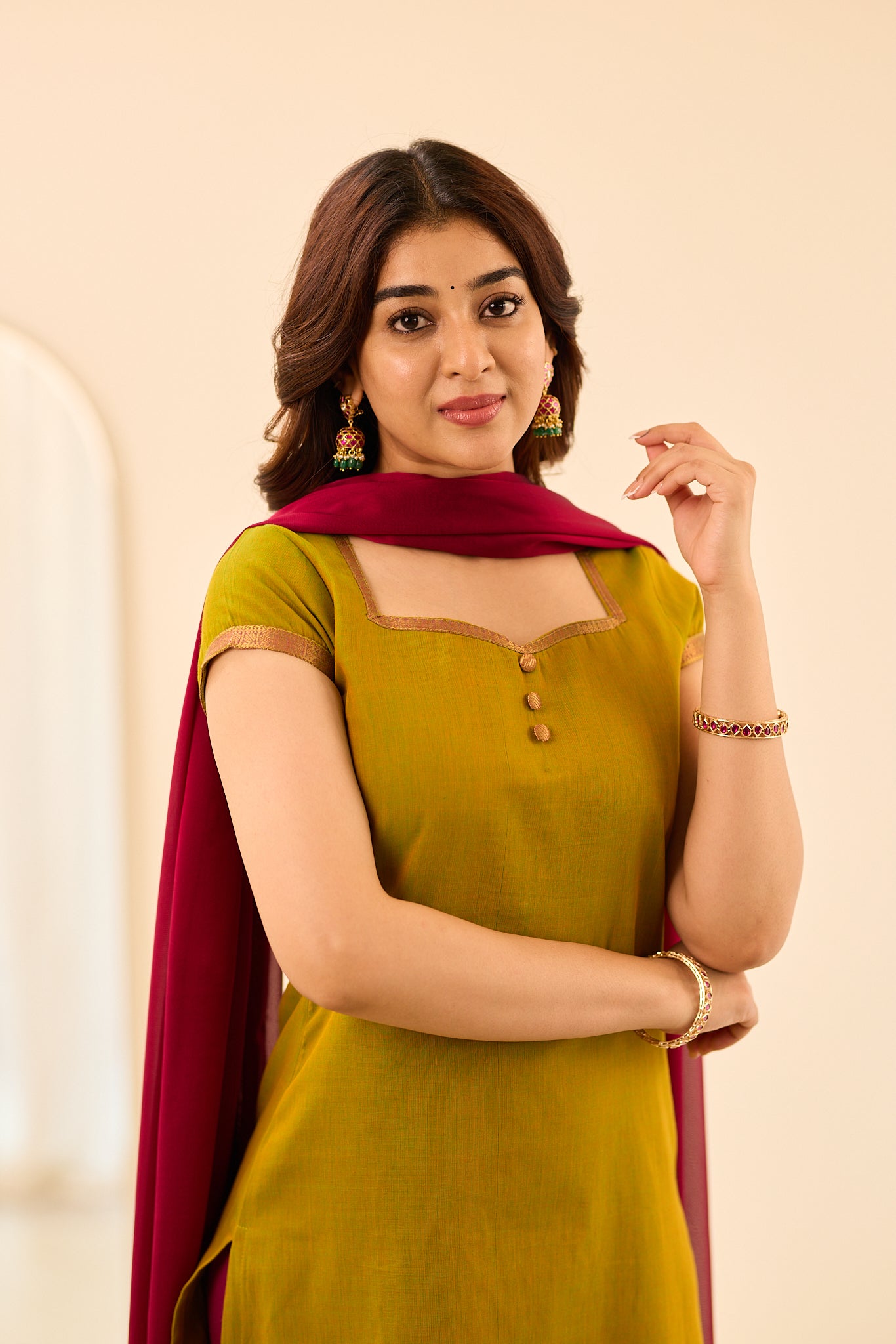 Moss Green with Dark Pink Border Chettinad Cotton Salwar