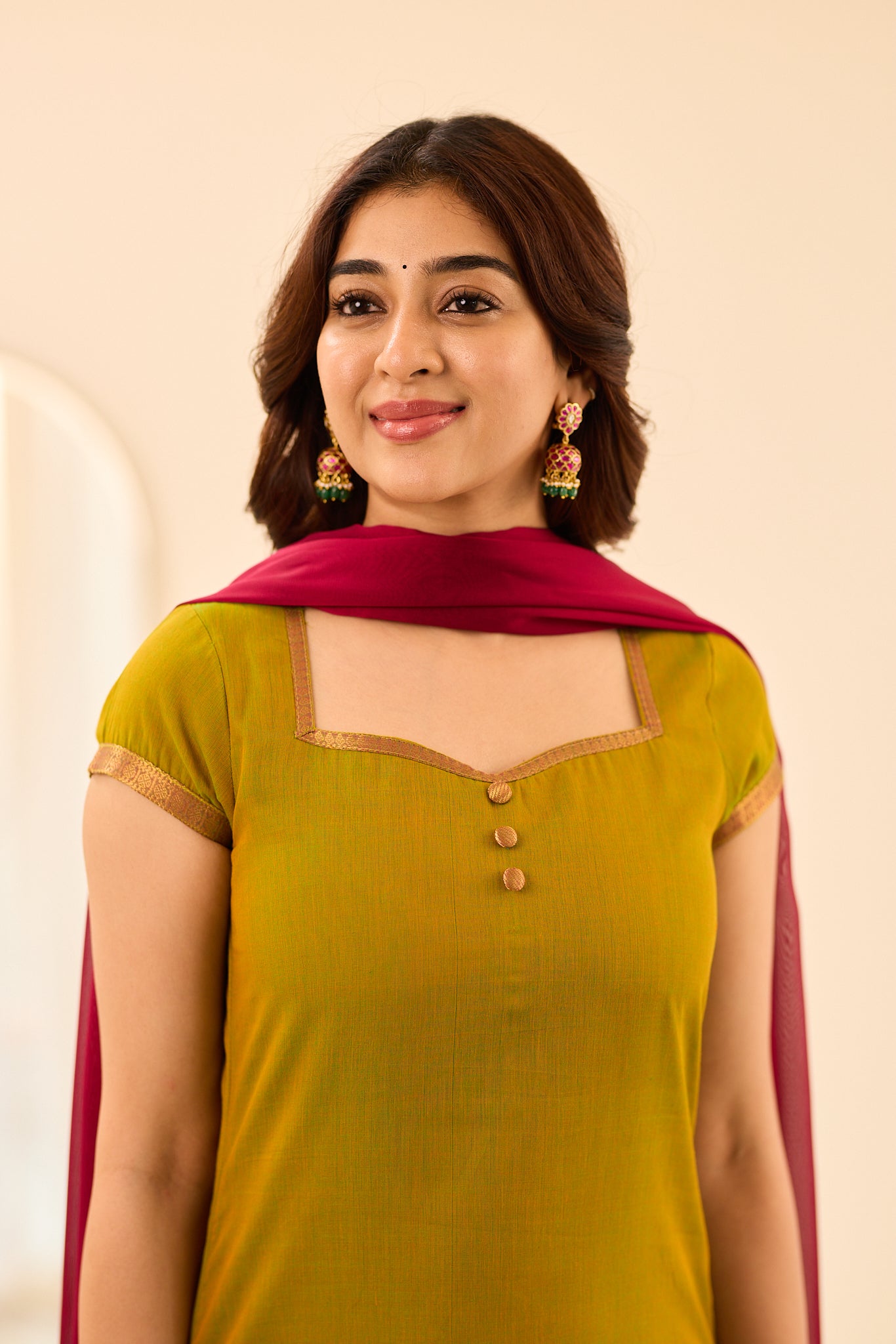 Moss Green with Dark Pink Border Chettinad Cotton Salwar