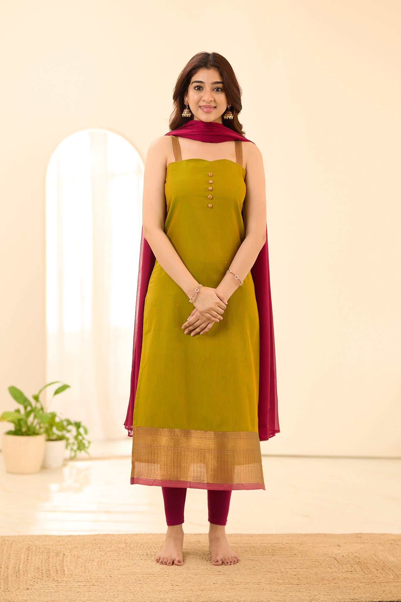 Moss Green with Red Border Chettinad Cotton Anarakali