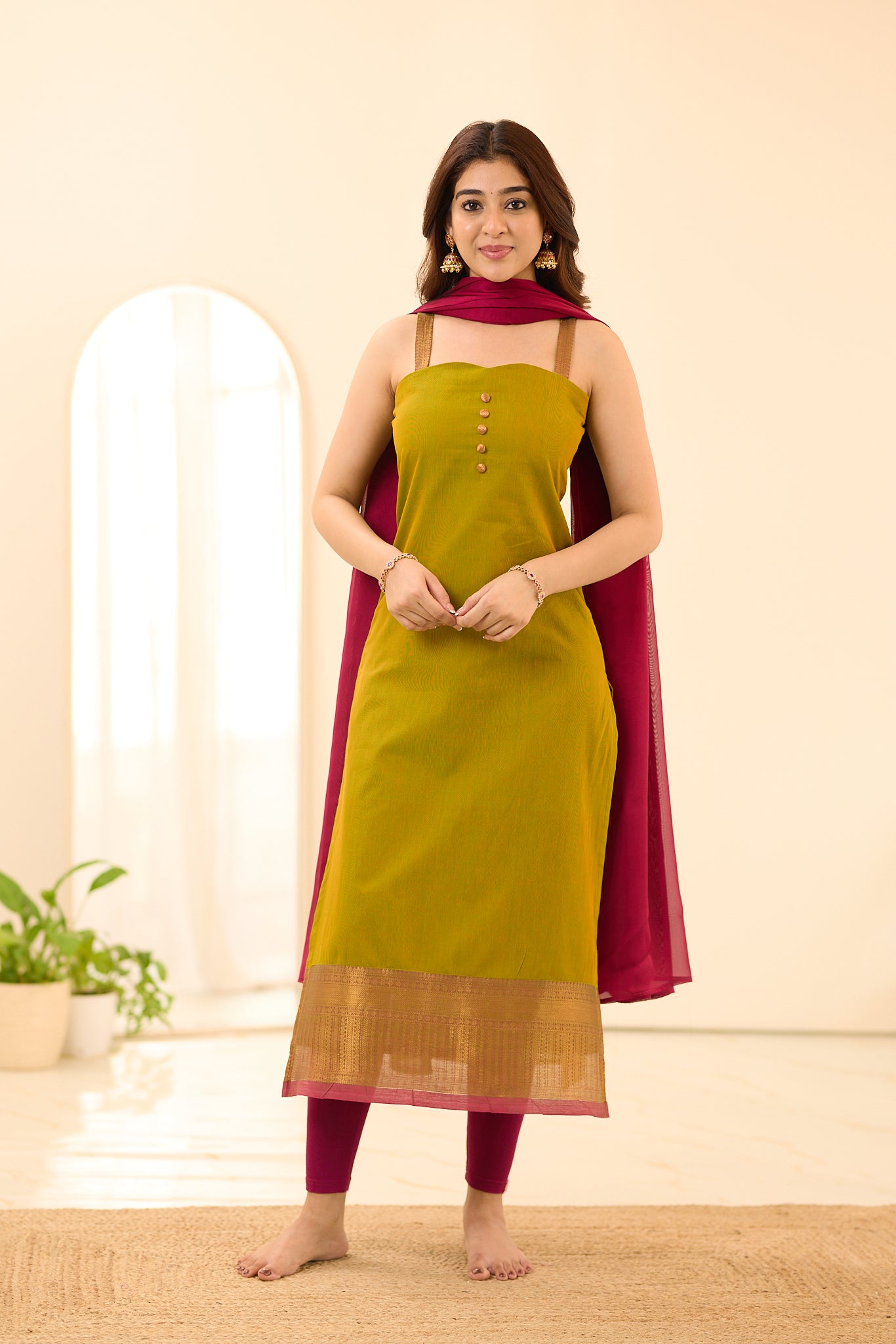 Moss Green with Red Border Chettinad Cotton Anarakali