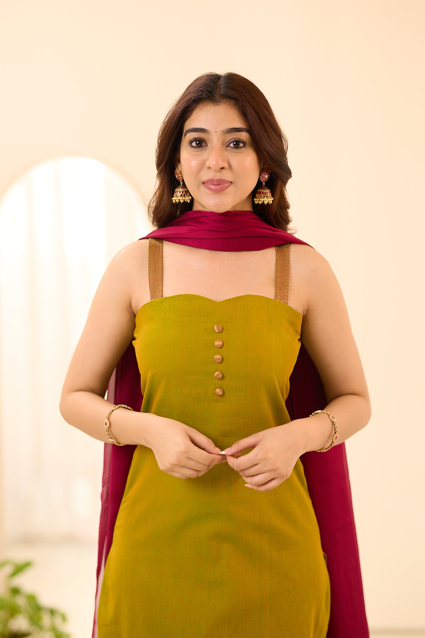 Moss Green with Red Border Chettinad Cotton Anarakali