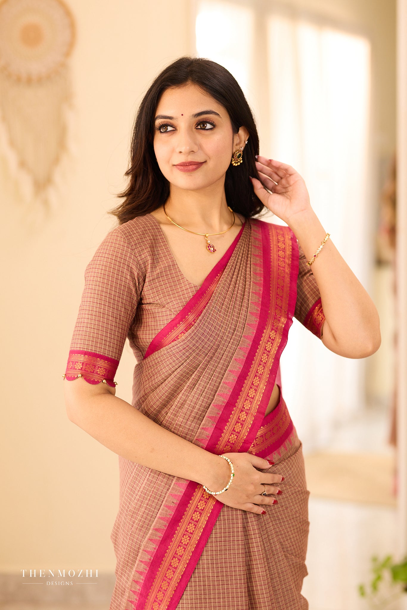 Muted Cocoa brown Chettinad Cotton with Rani Pink Border