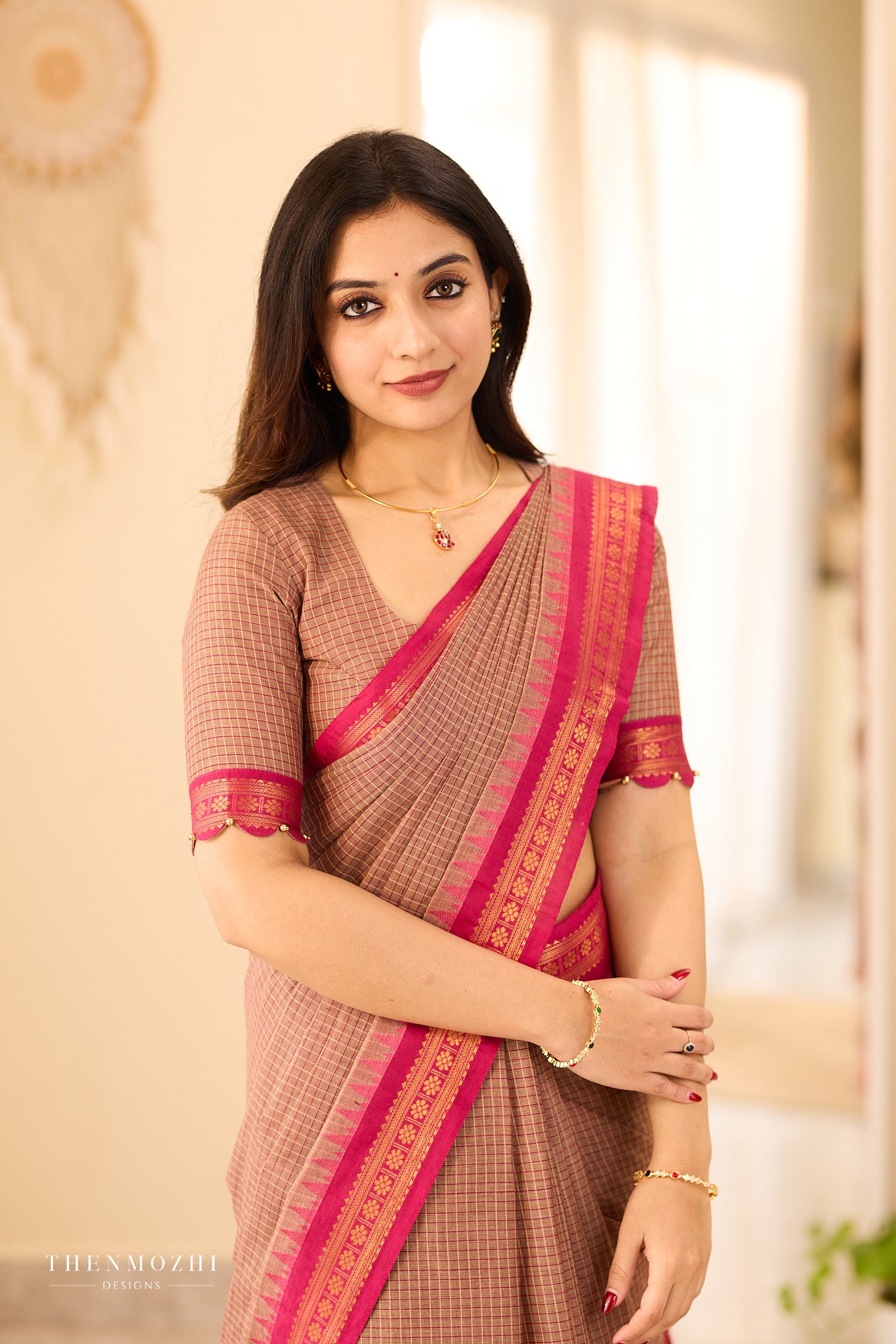 Muted Cocoa brown Chettinad Cotton with Rani Pink Border