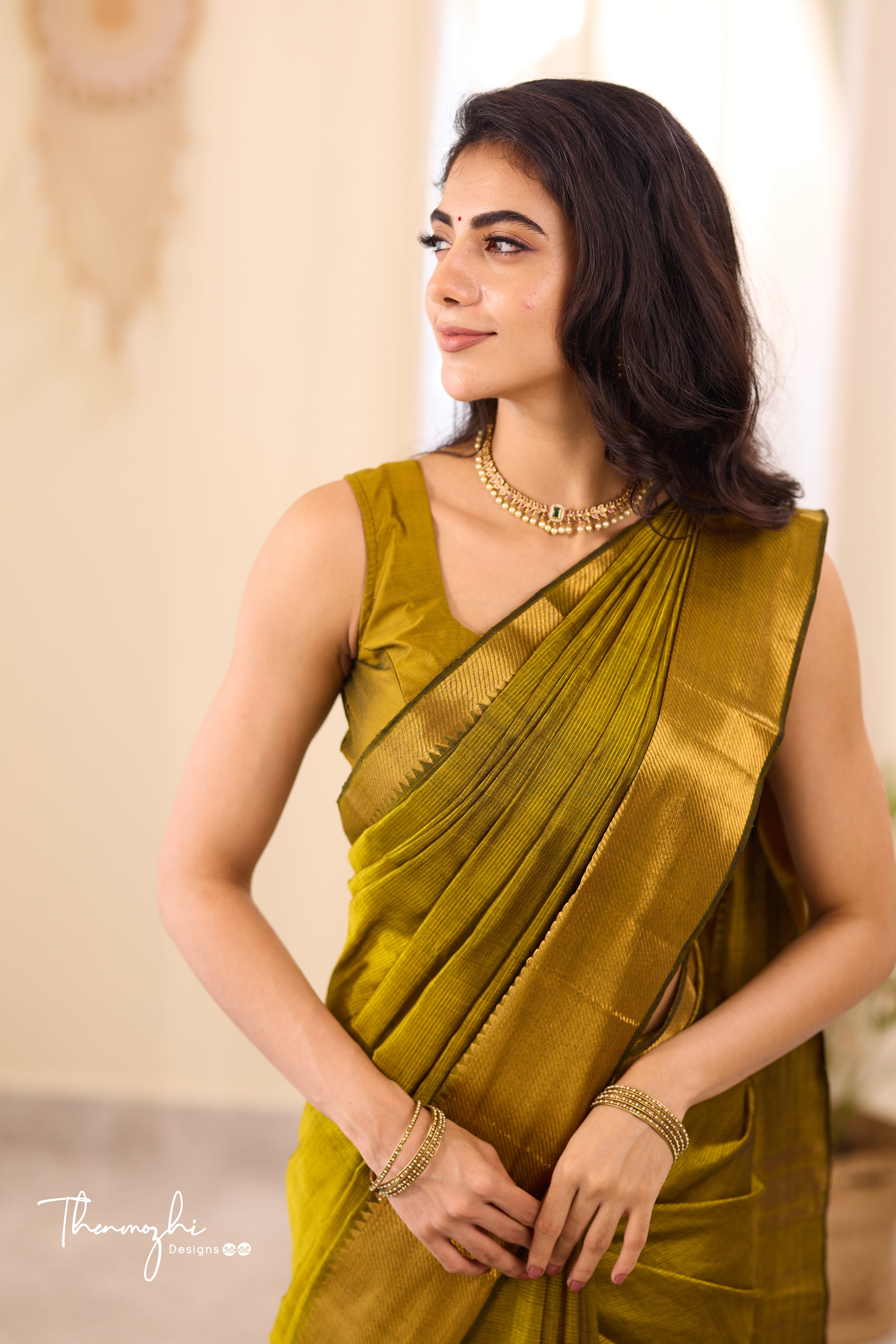 Olive Green Mangalagiri Handwoven Saree