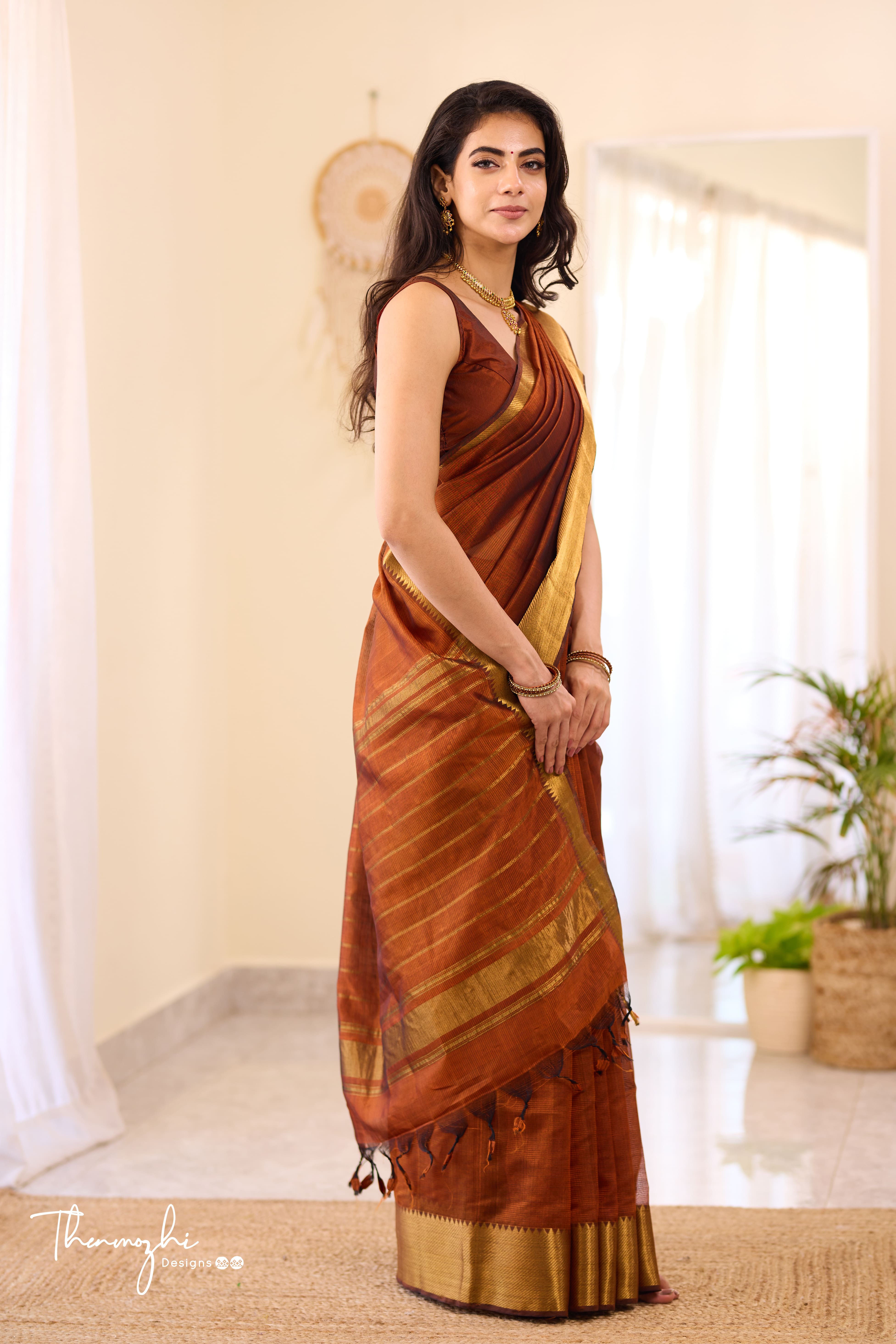 Rust Orange Mangalagiri Handwoven saree