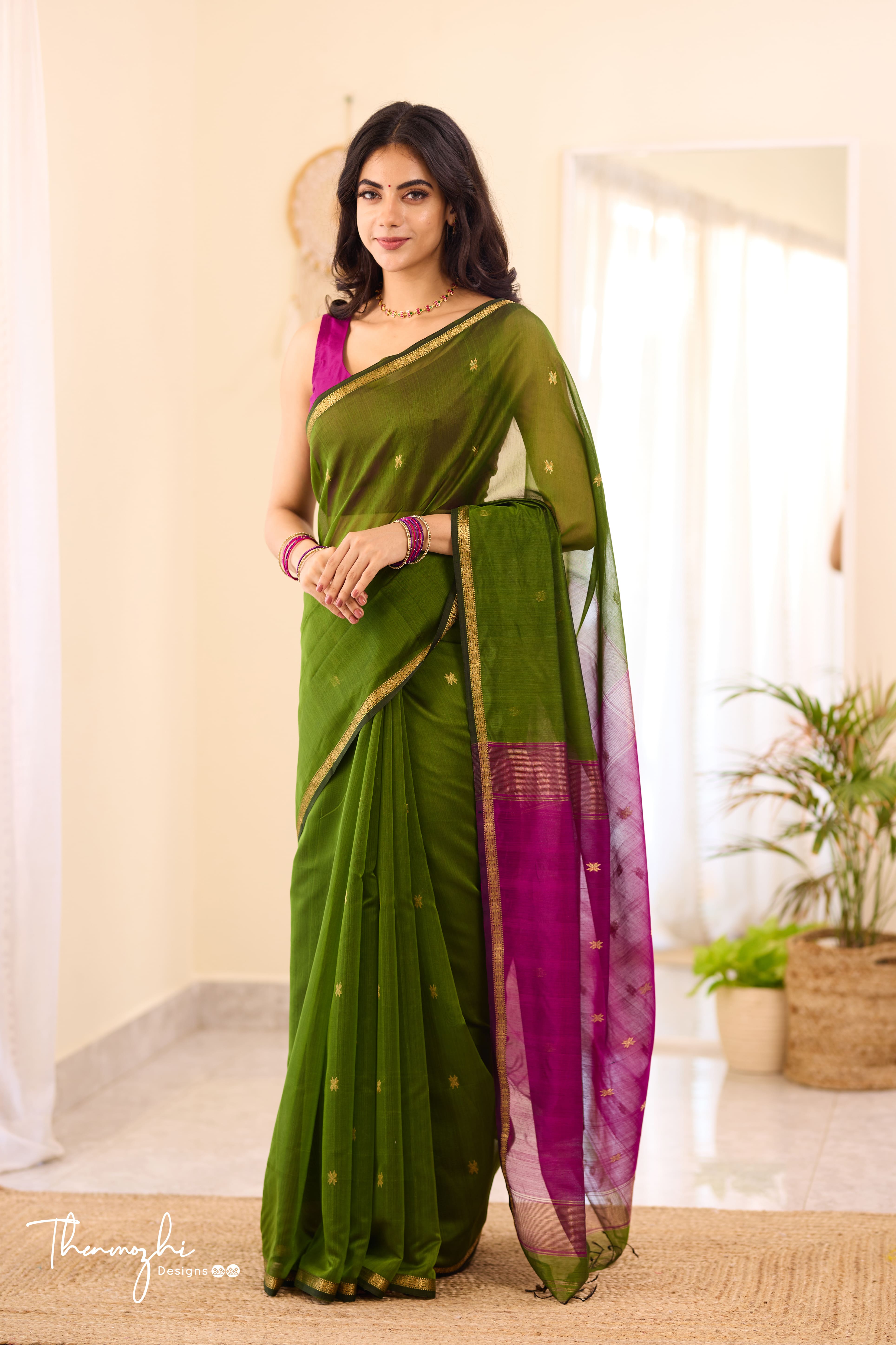 Ethnic Bottle Green Maheshwari Silk Cotton (Handloom)