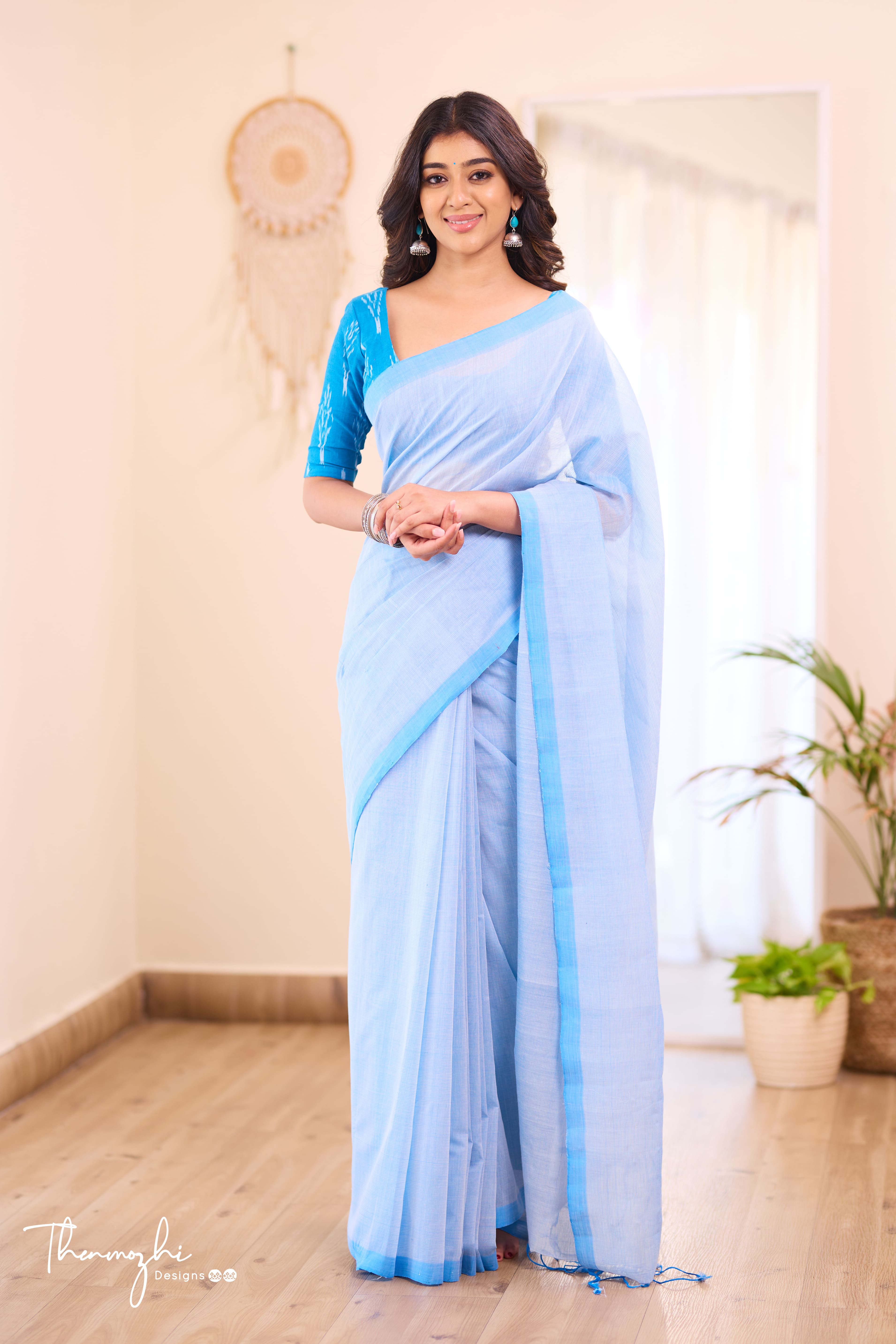 Sky Blue Splash -Blue Mangalagiri Plain Cotton Saree