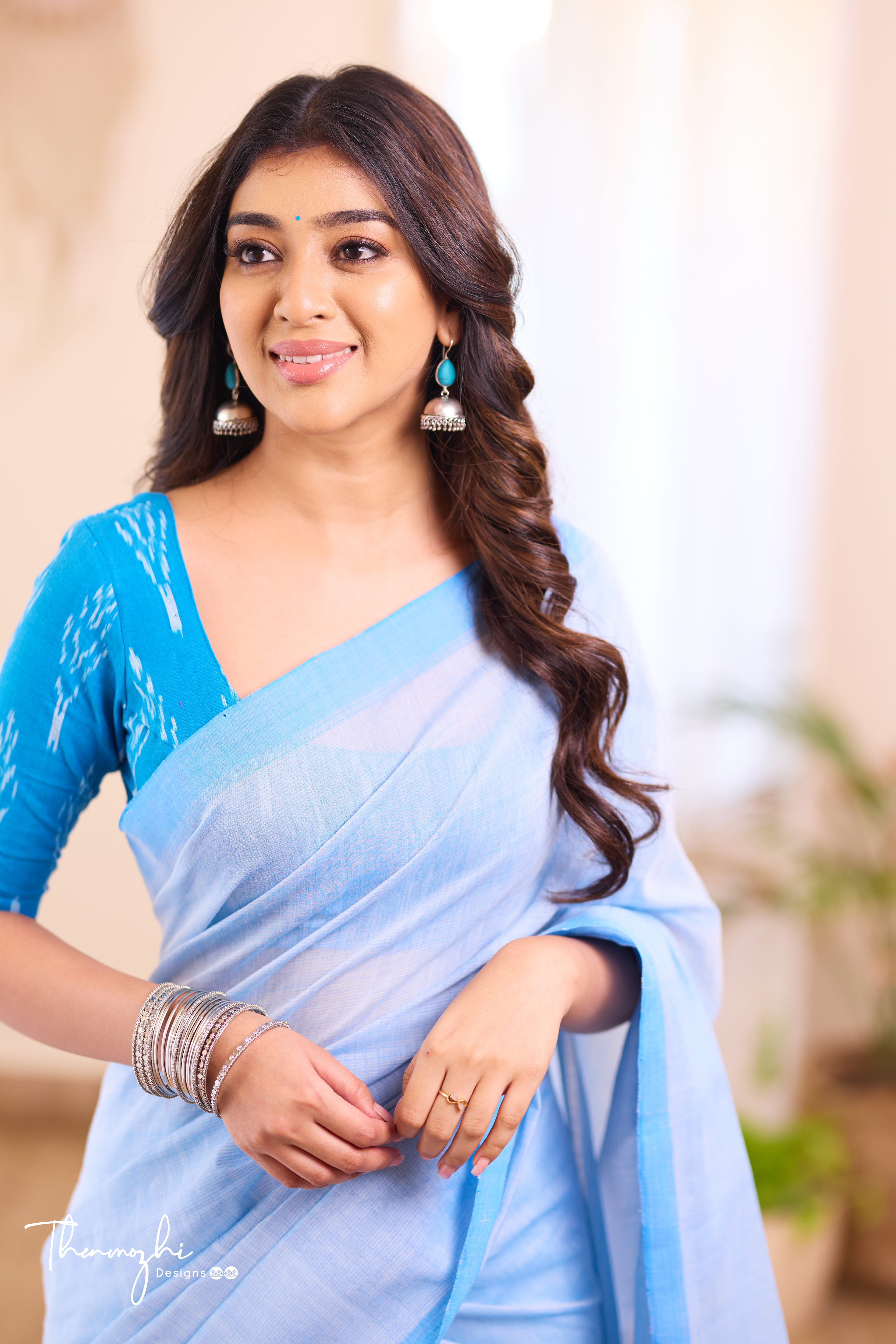 Sky Blue Splash -Blue Mangalagiri Plain Cotton Saree