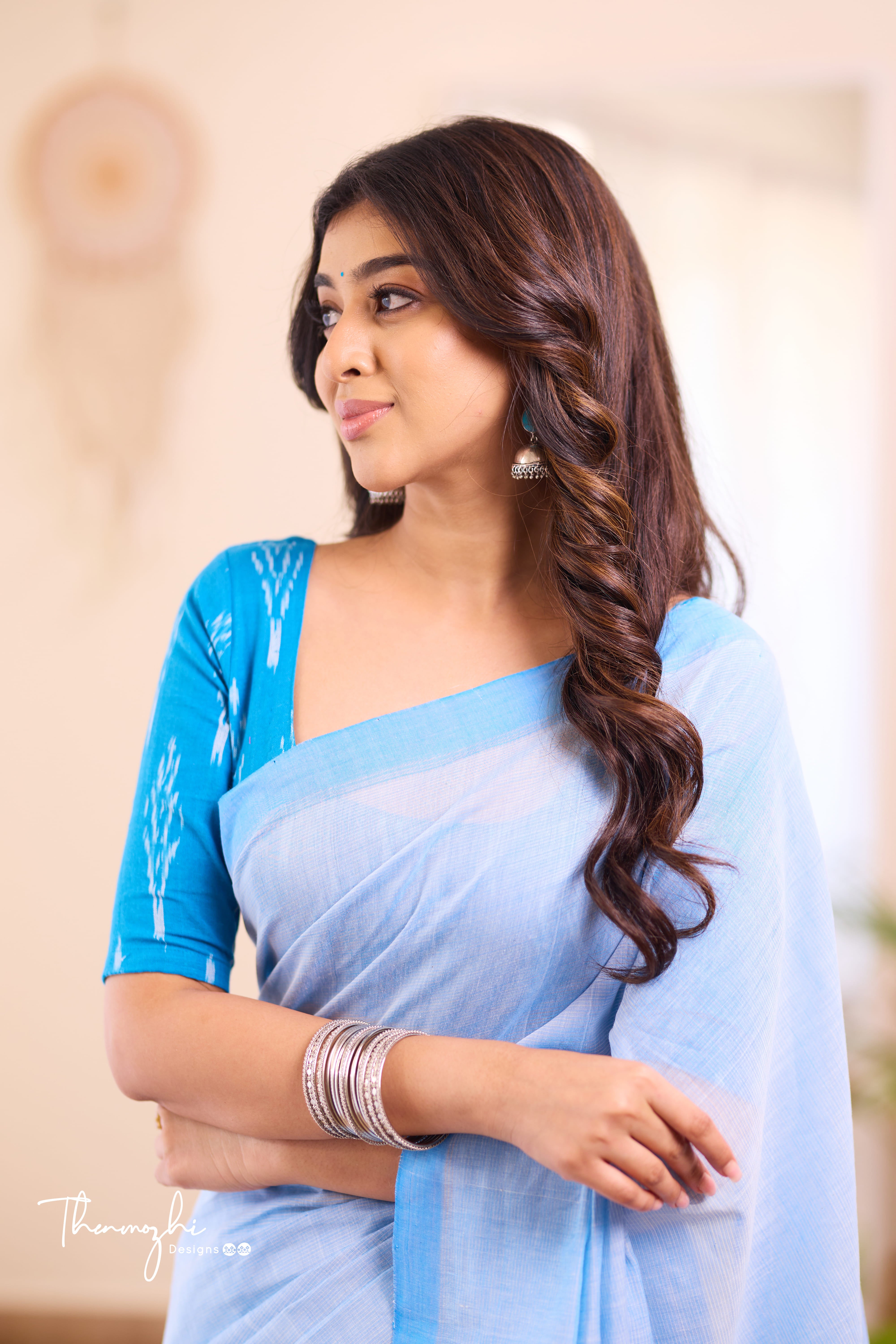 Sky Blue Splash -Blue Mangalagiri Plain Cotton Saree