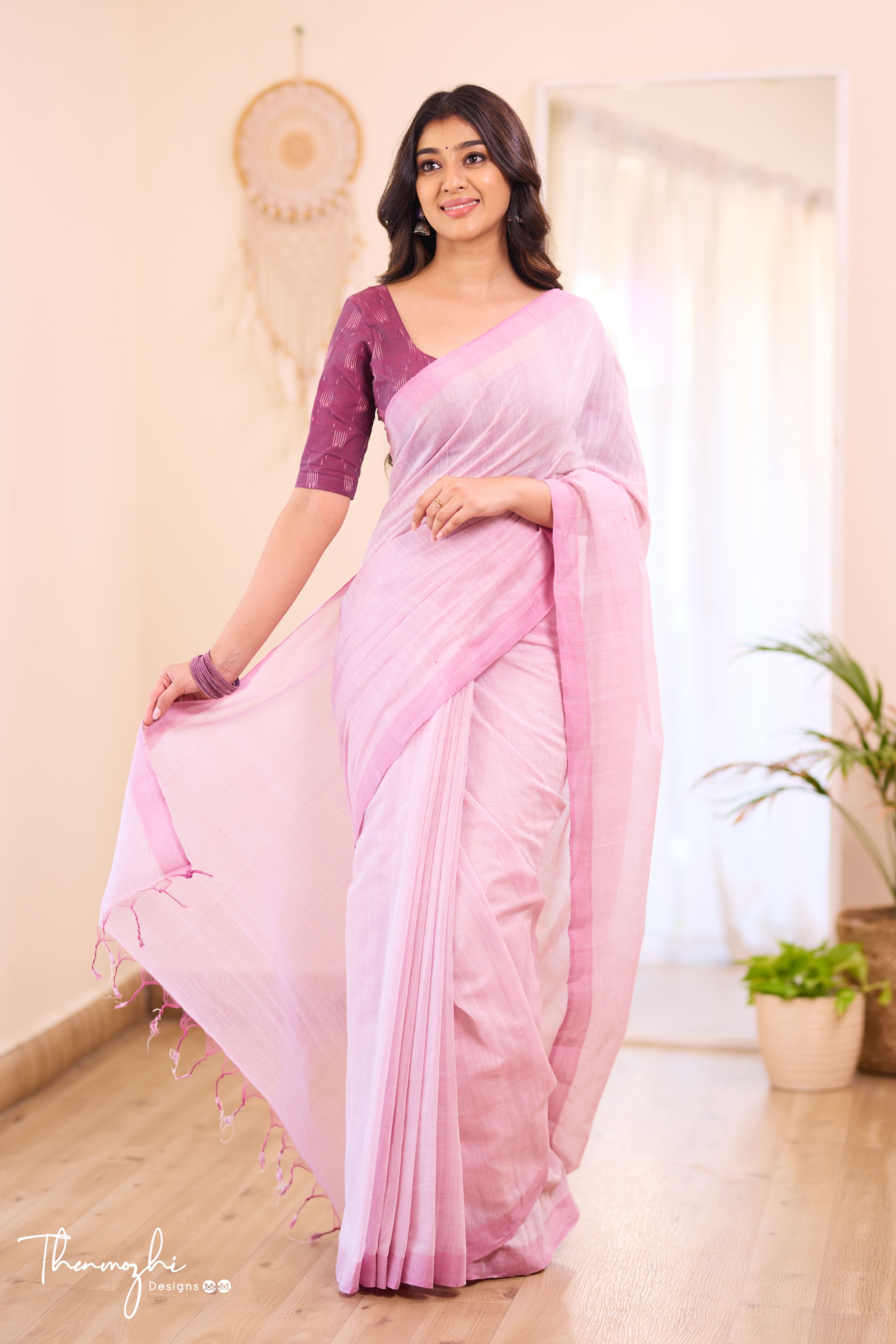 Blush Pink -Pink Mangalagiri Plain Cotton Saree