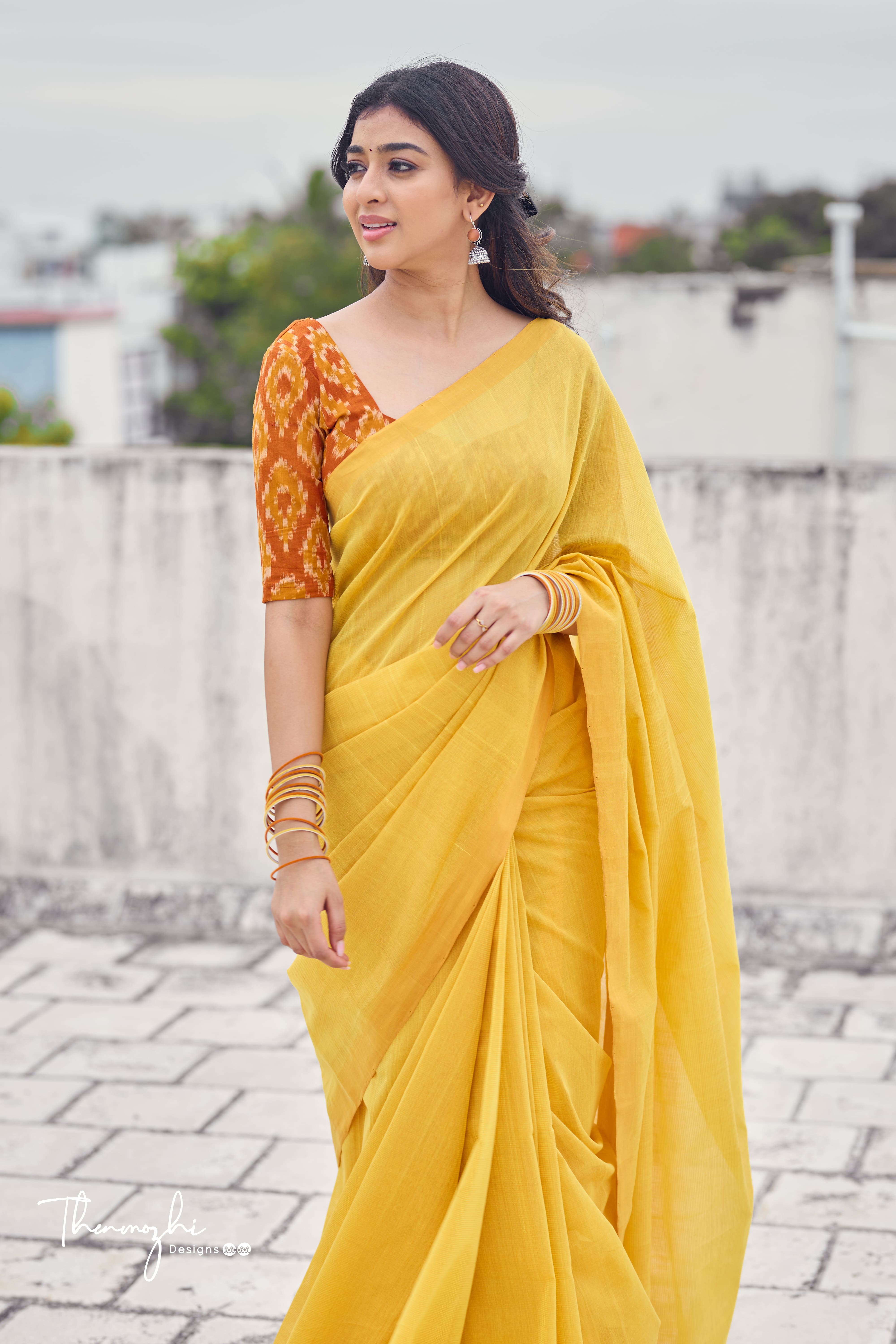 Golden Yellow - Yellow Mangalagiri Plain Cotton Saree