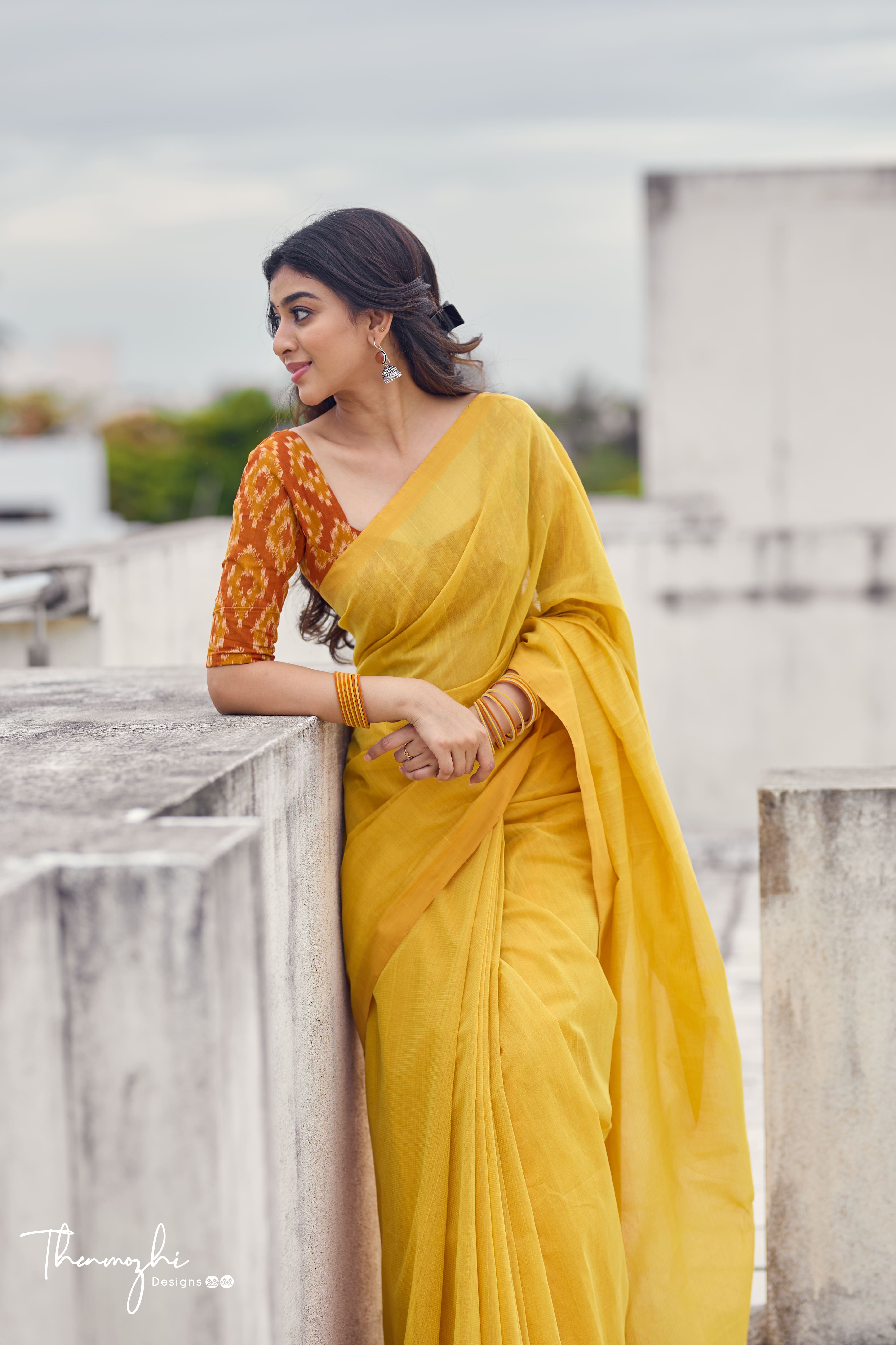 Golden Yellow - Yellow Mangalagiri Plain Cotton Saree