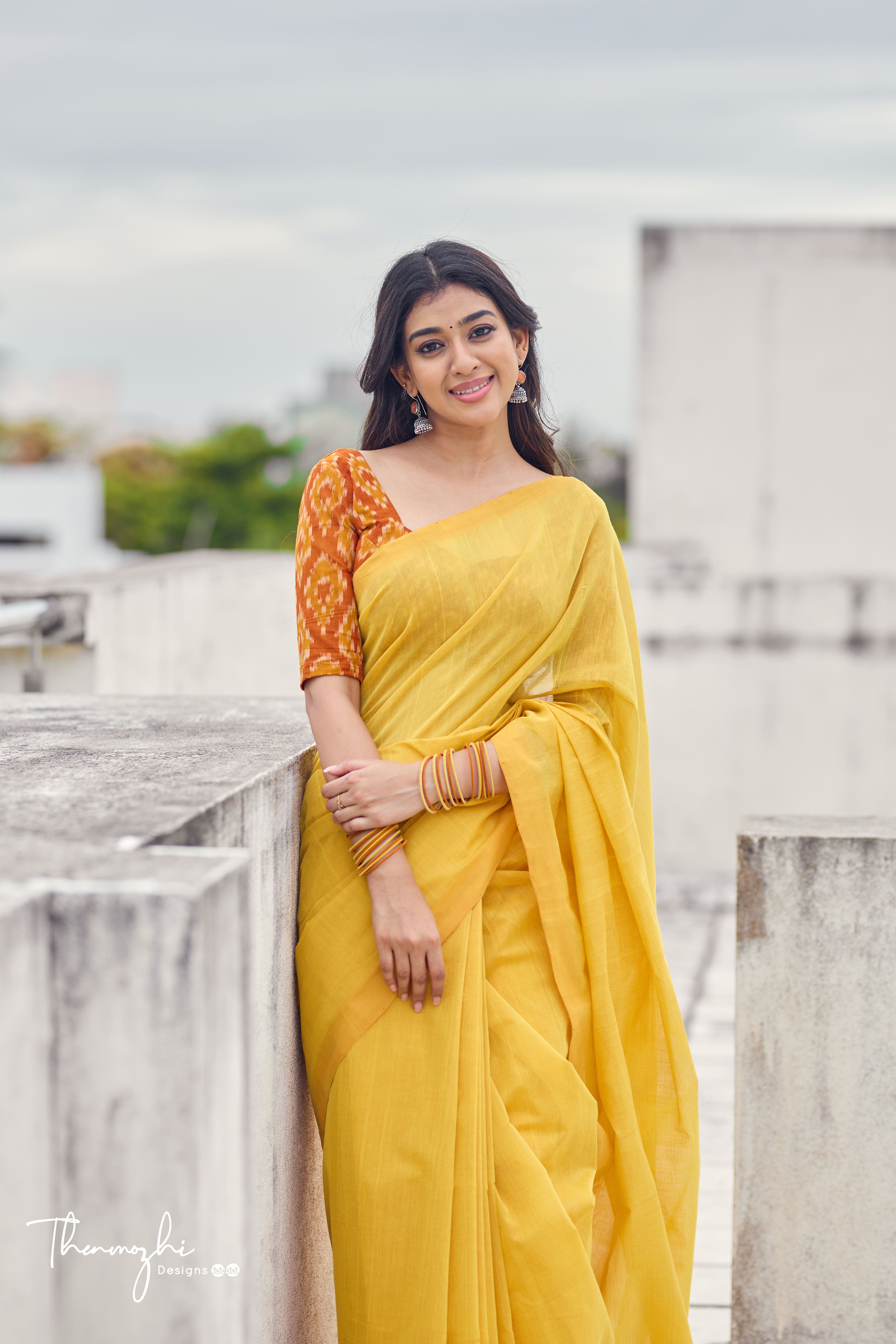 Golden Yellow - Yellow Mangalagiri Plain Cotton Saree