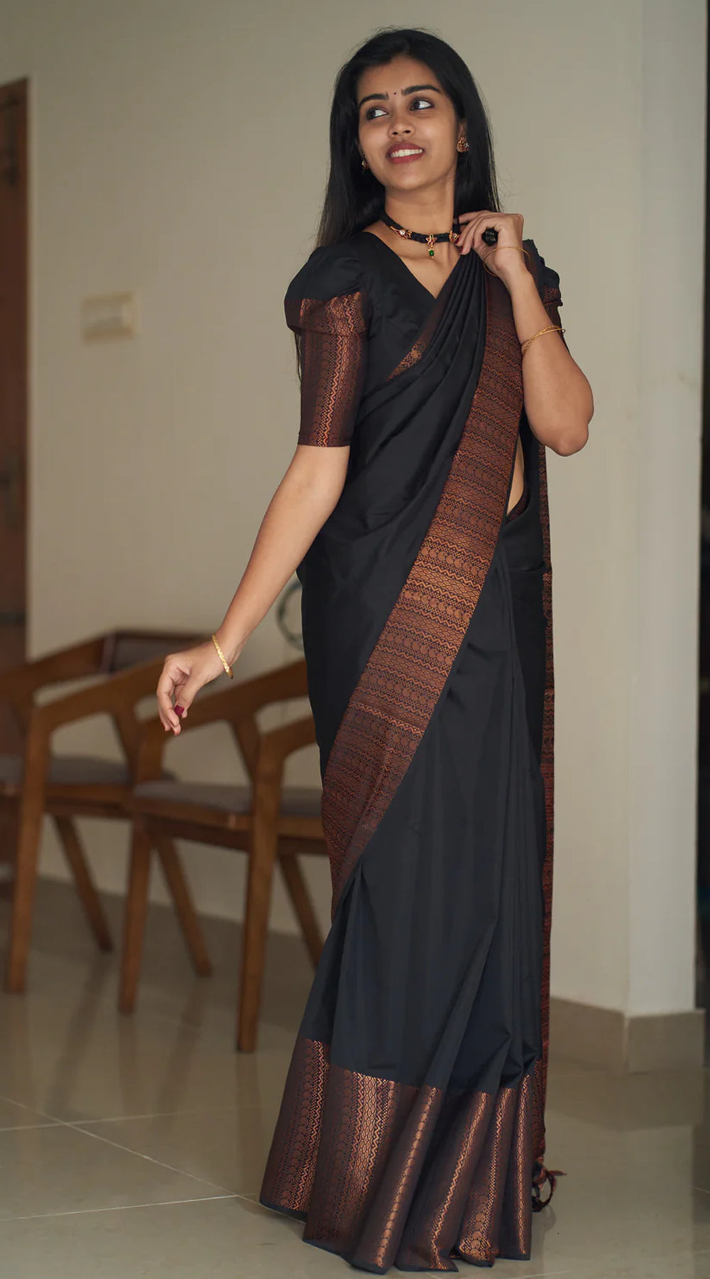 Black Semi Silk Plain Saree With Three Colours Border