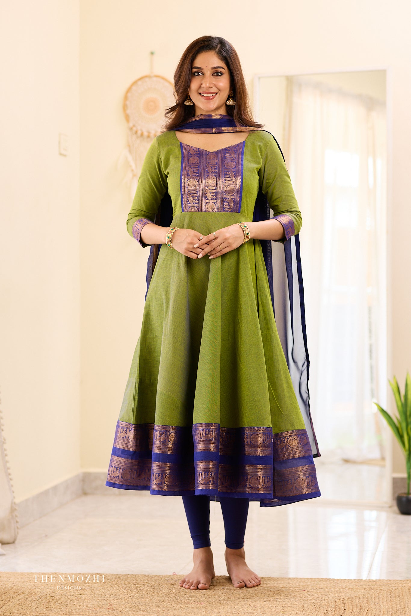 Olive Green with Blue Chettinad Anarkali