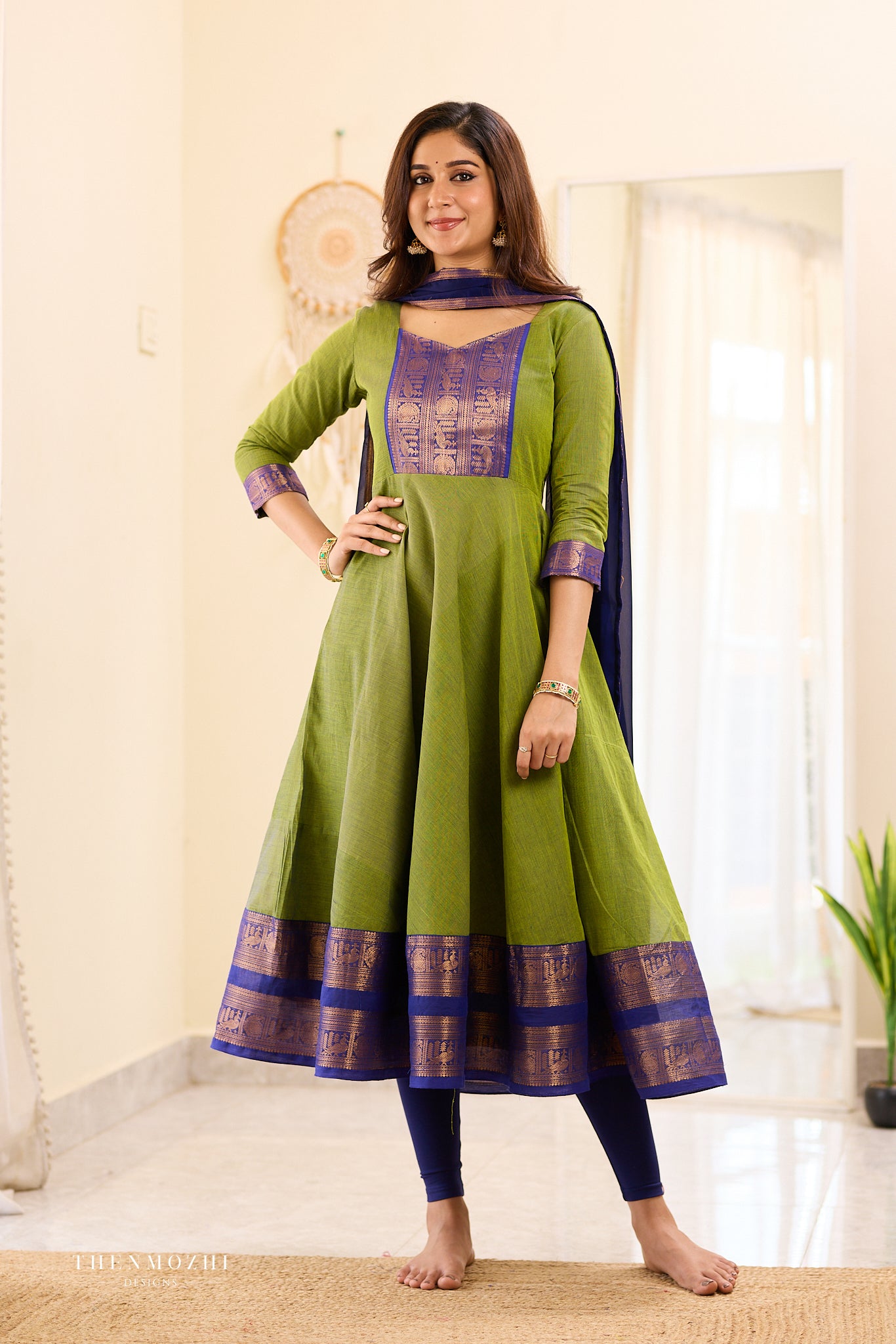Olive Green with Blue Chettinad Anarkali