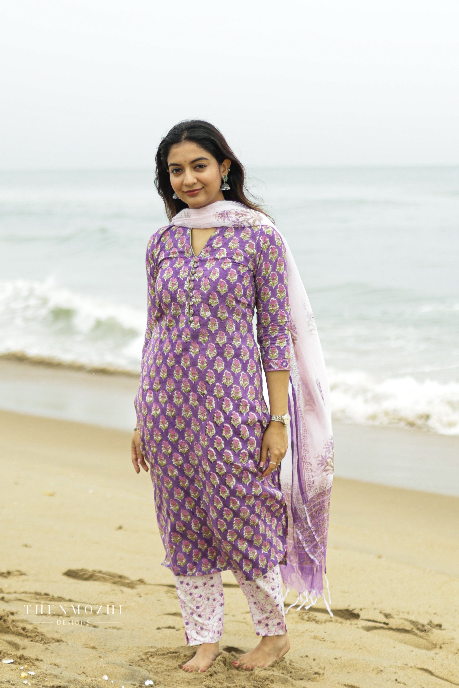 Orchid Purple Floral block printed Kurta suit set