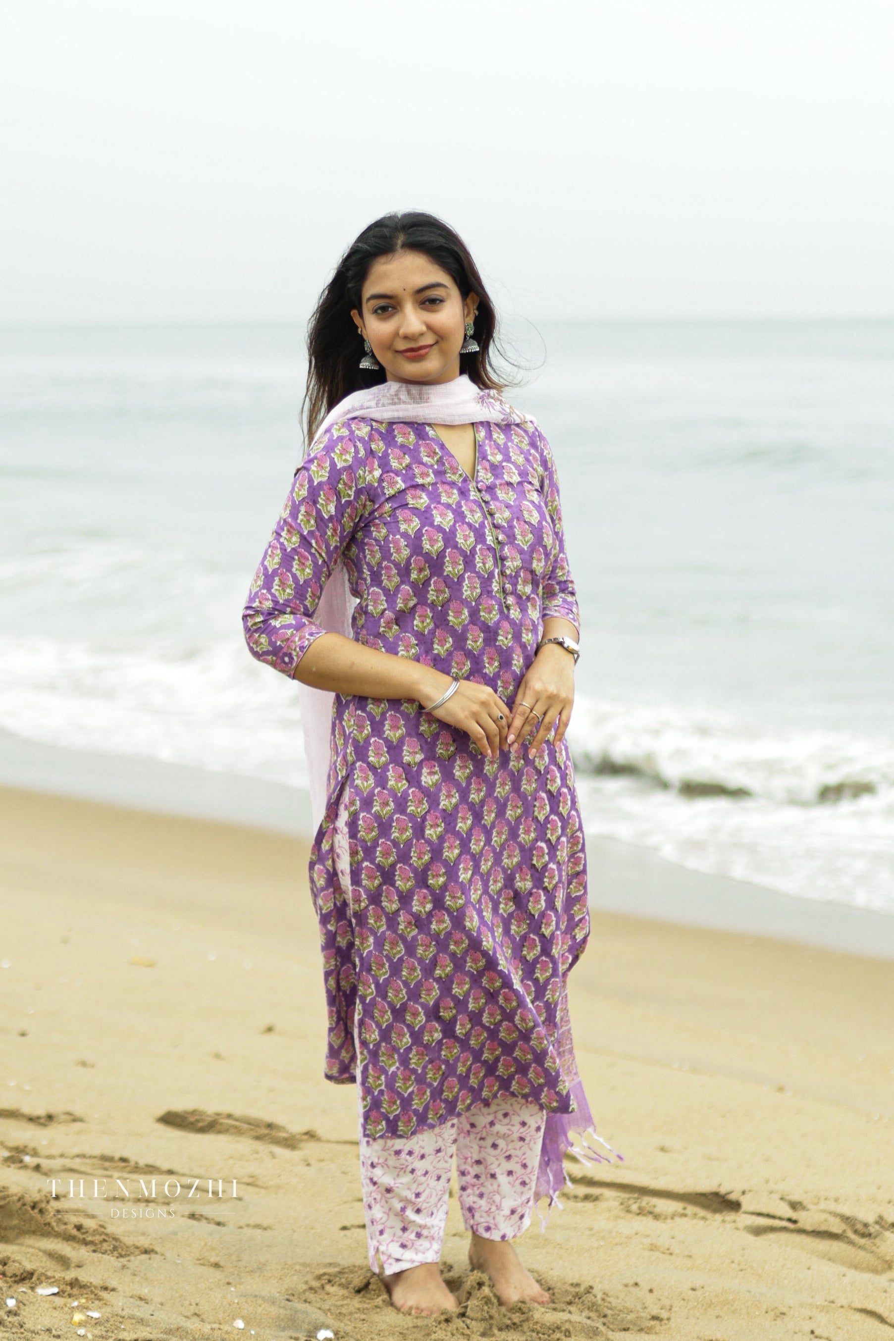 Orchid Purple Floral block printed Kurta suit set
