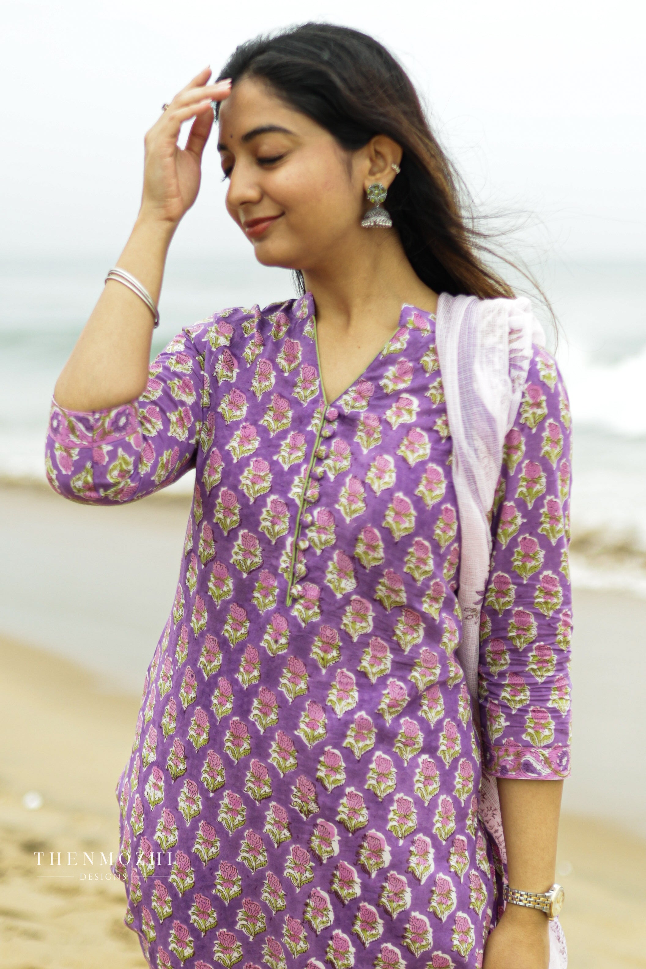 Orchid Purple Floral block printed Kurta suit set