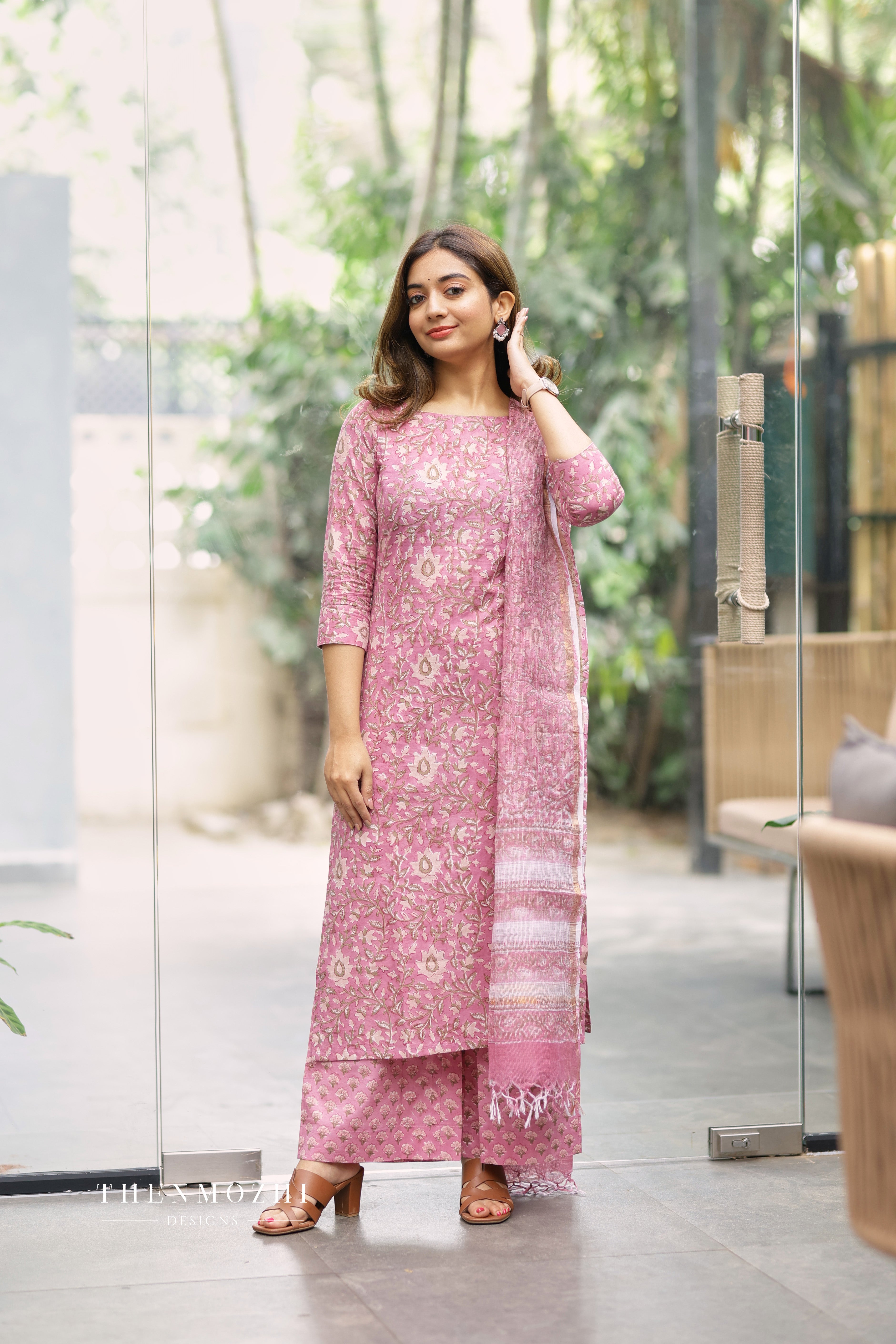 Light Pink - Cotton Suit Set With kota Dupatta