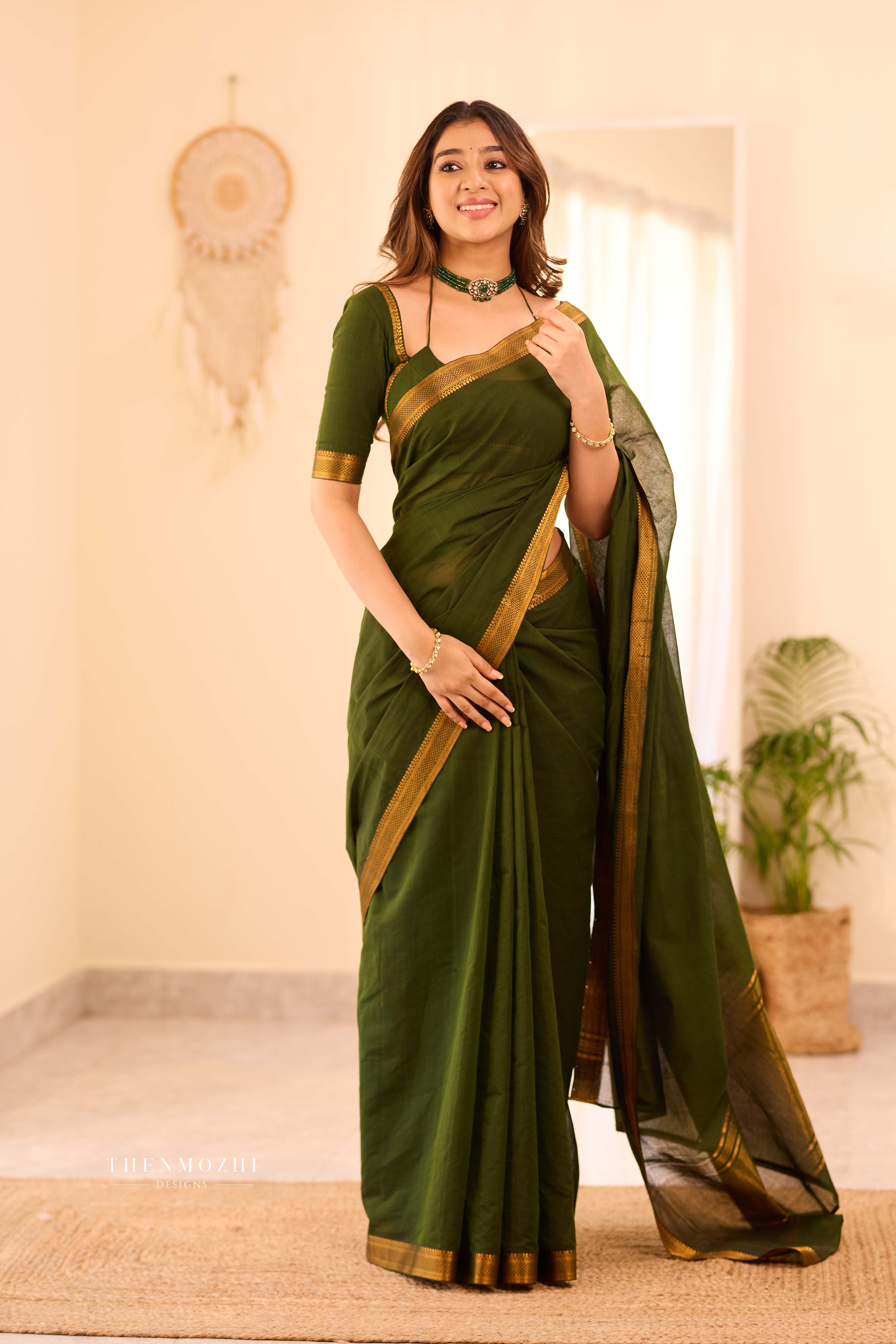 Mehandi Green - Mangalagiri Cotton Saree with Zari border
