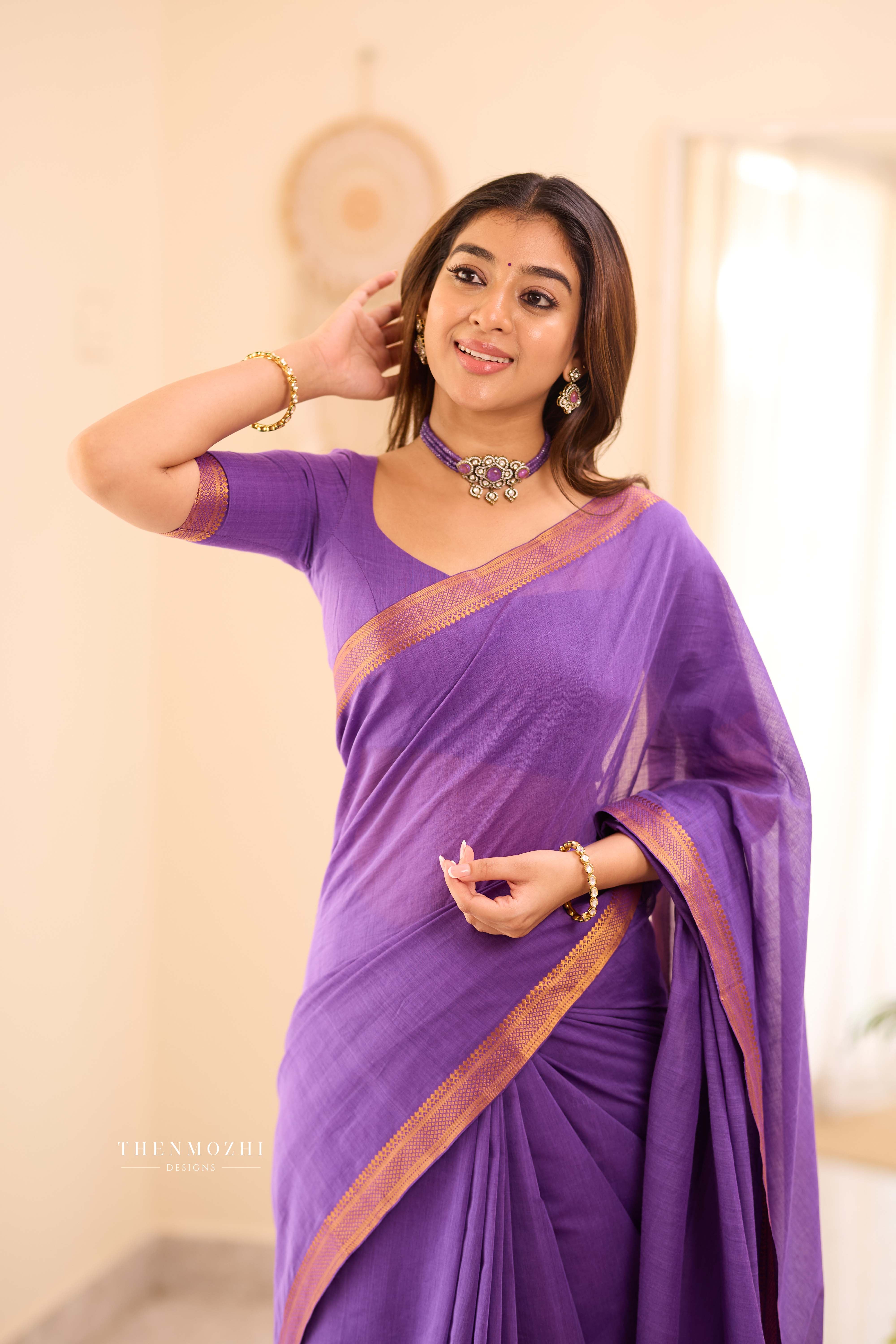 Violet - Mangalagiri Cotton Saree with Zari border