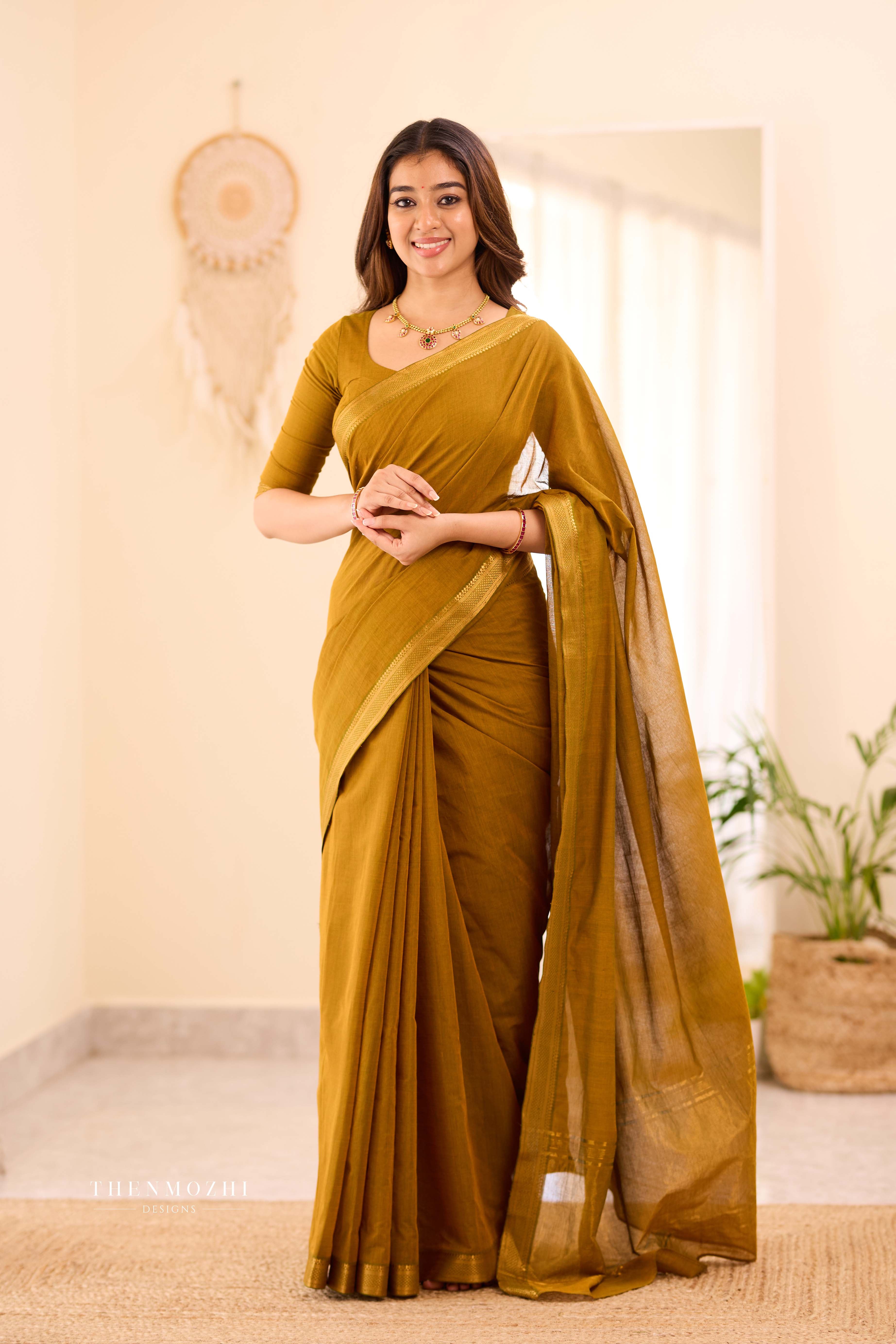 Beige - Mangalagiri Cotton Saree with Zari border