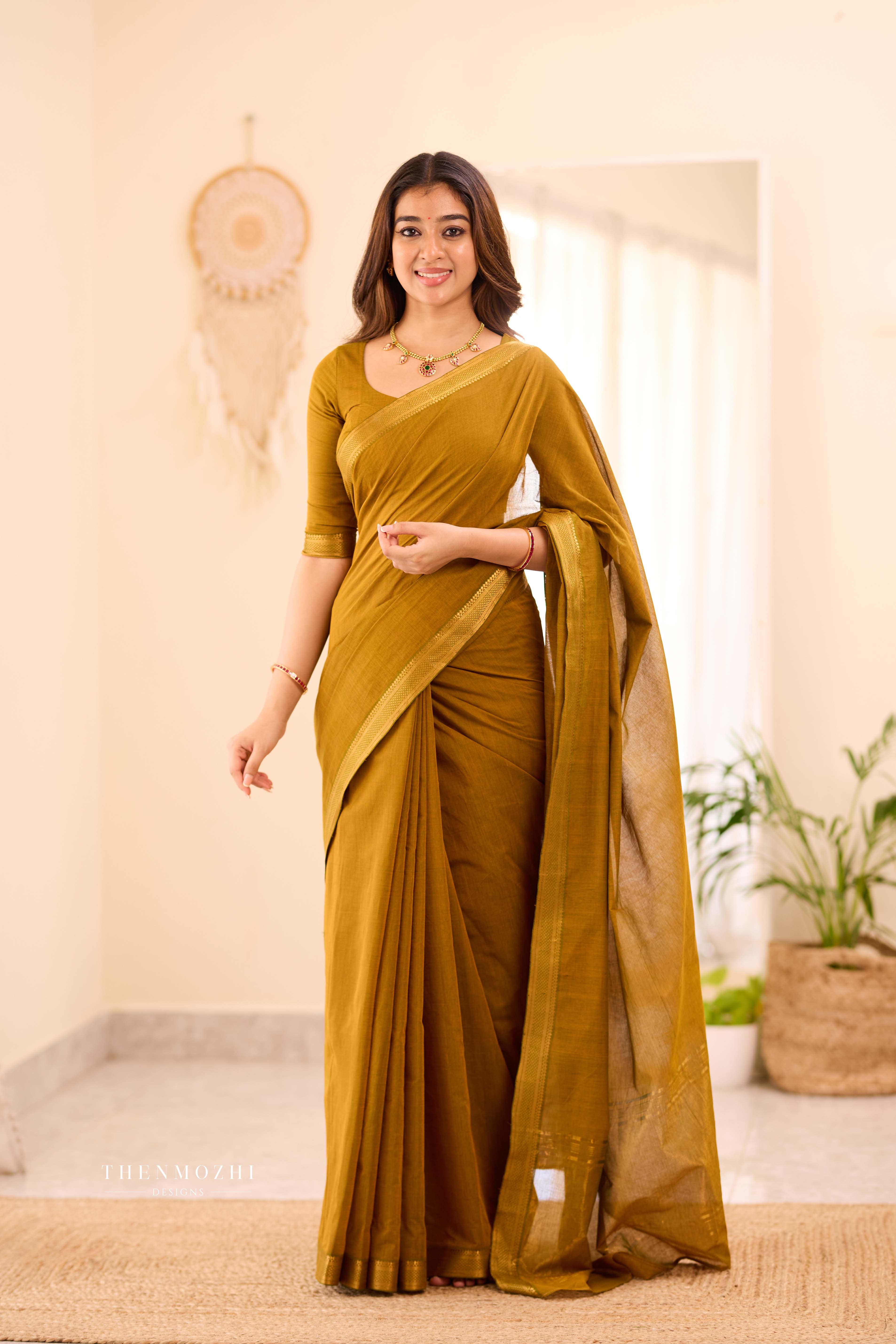 Beige - Mangalagiri Cotton Saree with Zari border