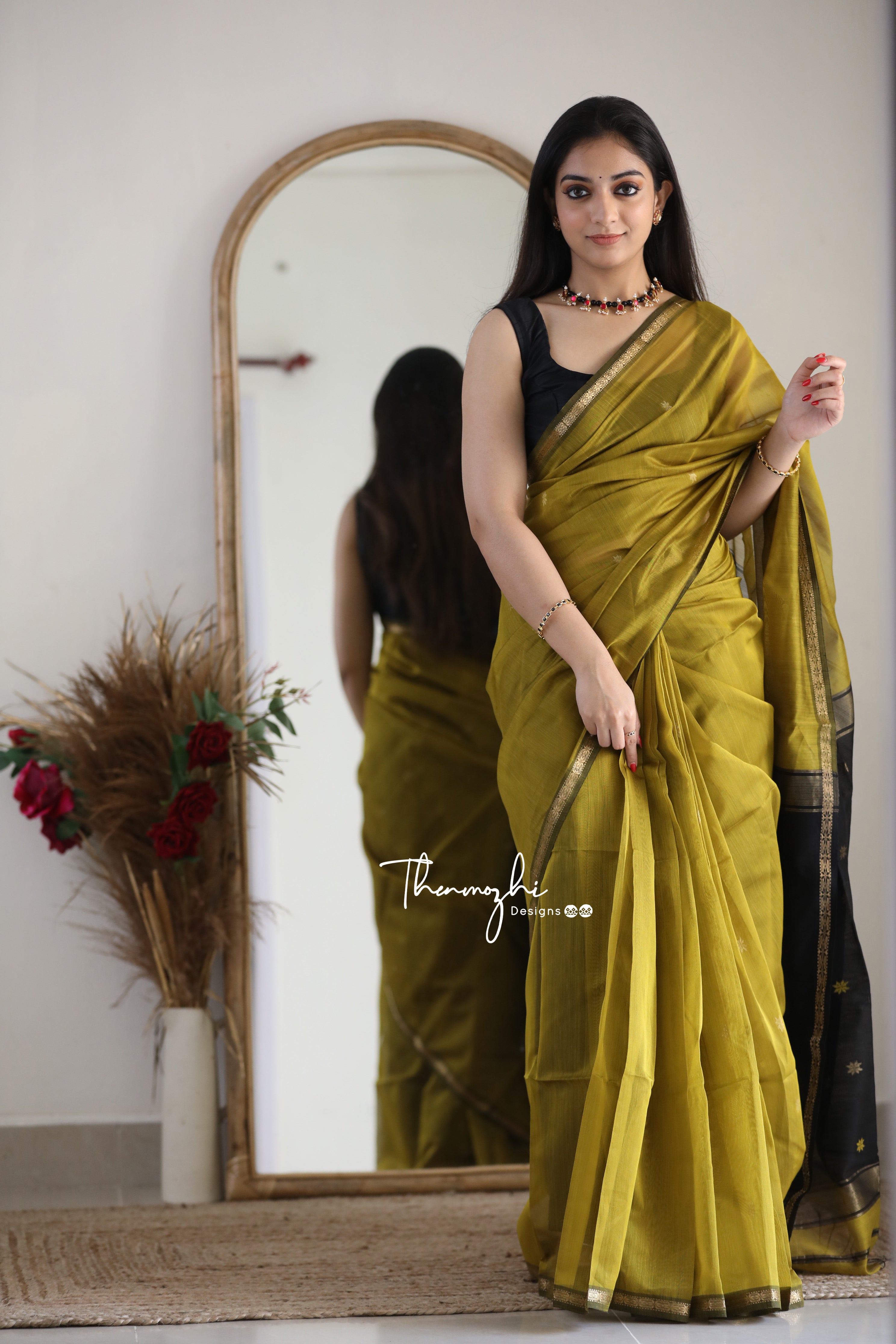 Olive Green - Green Maheshwari Silk Handloom Cotton Saree