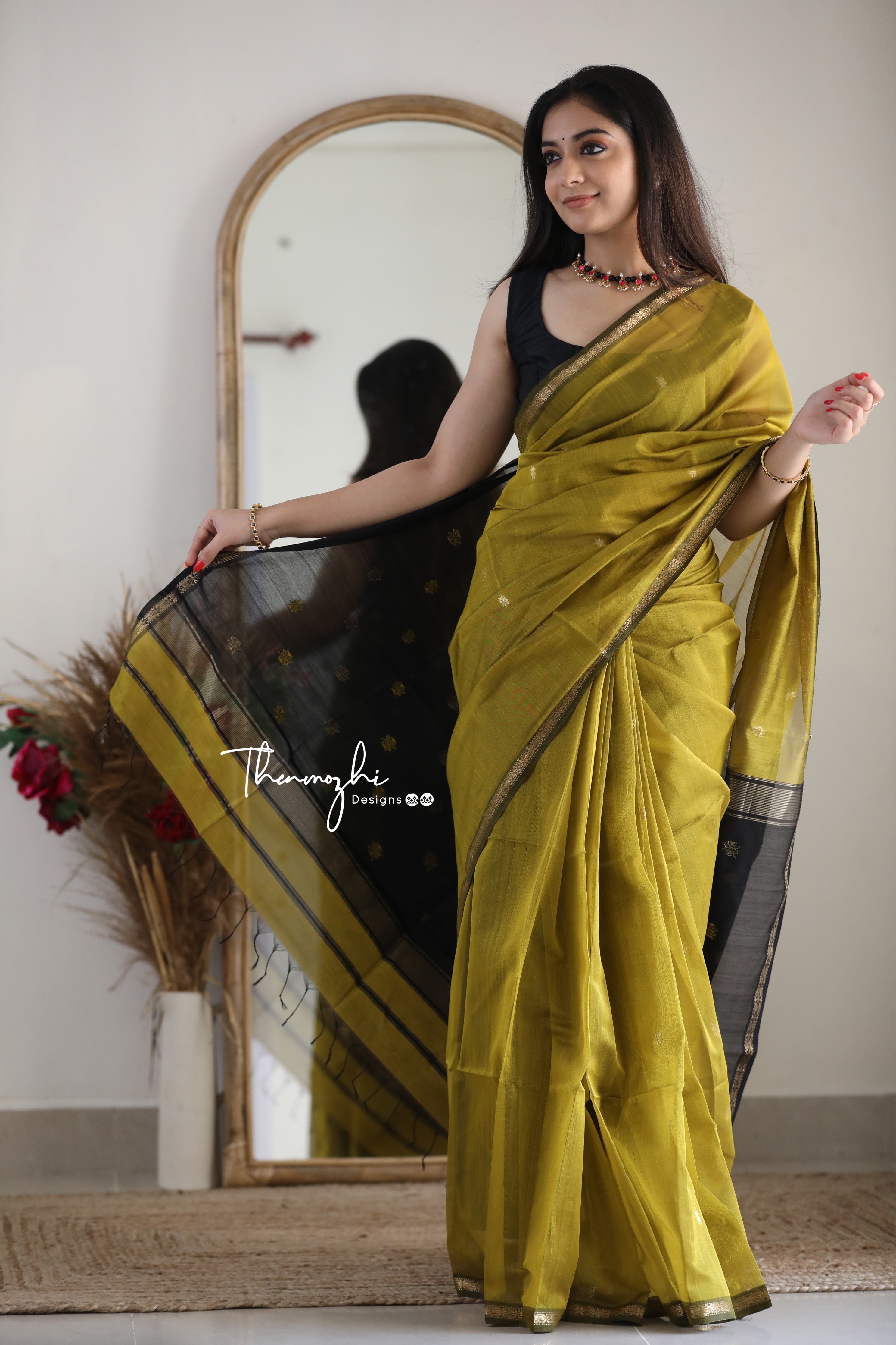 Olive Green - Green Maheshwari Silk Handloom Cotton Saree