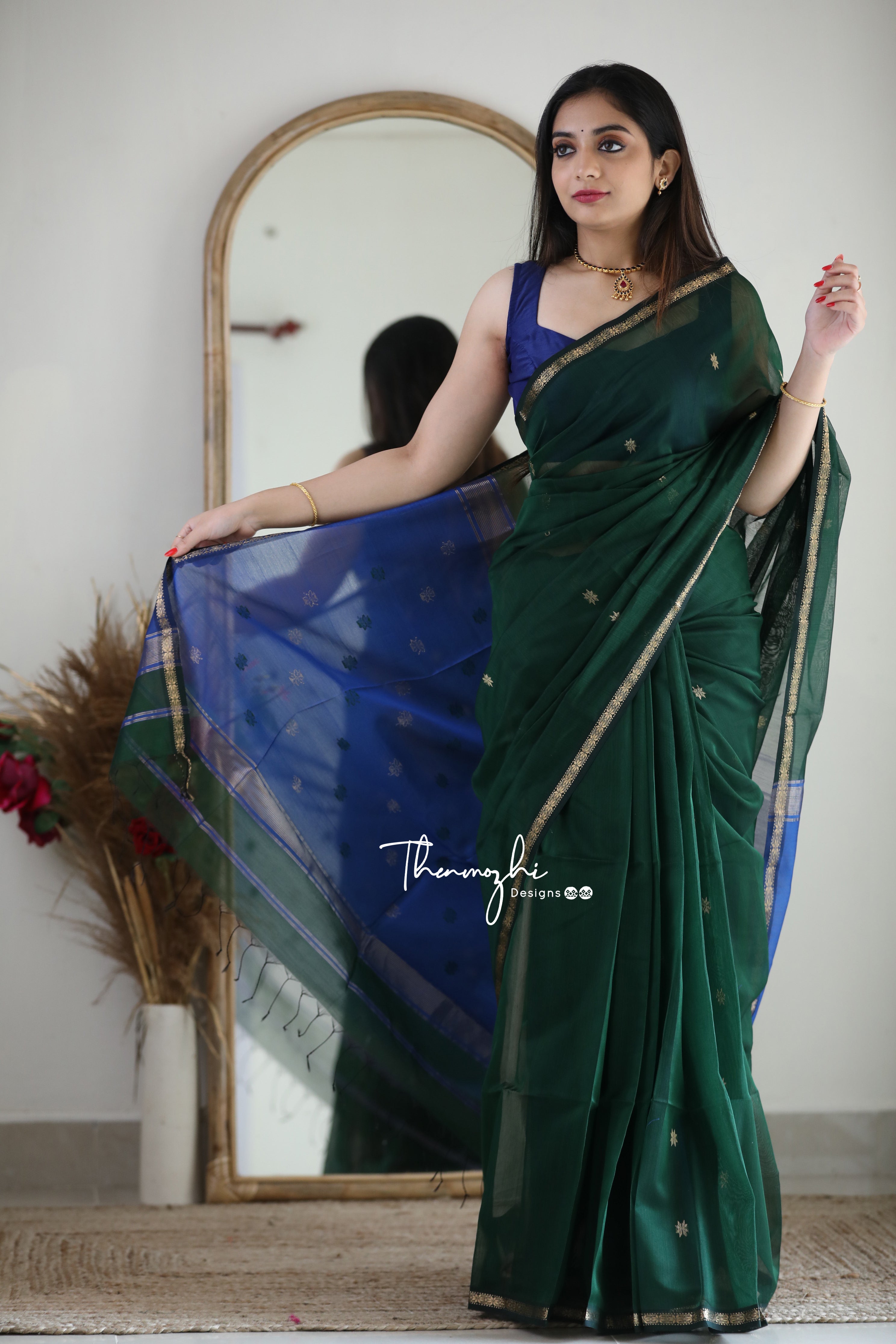 Peacock Green Maheshwari Silk Handloom Cotton Saree