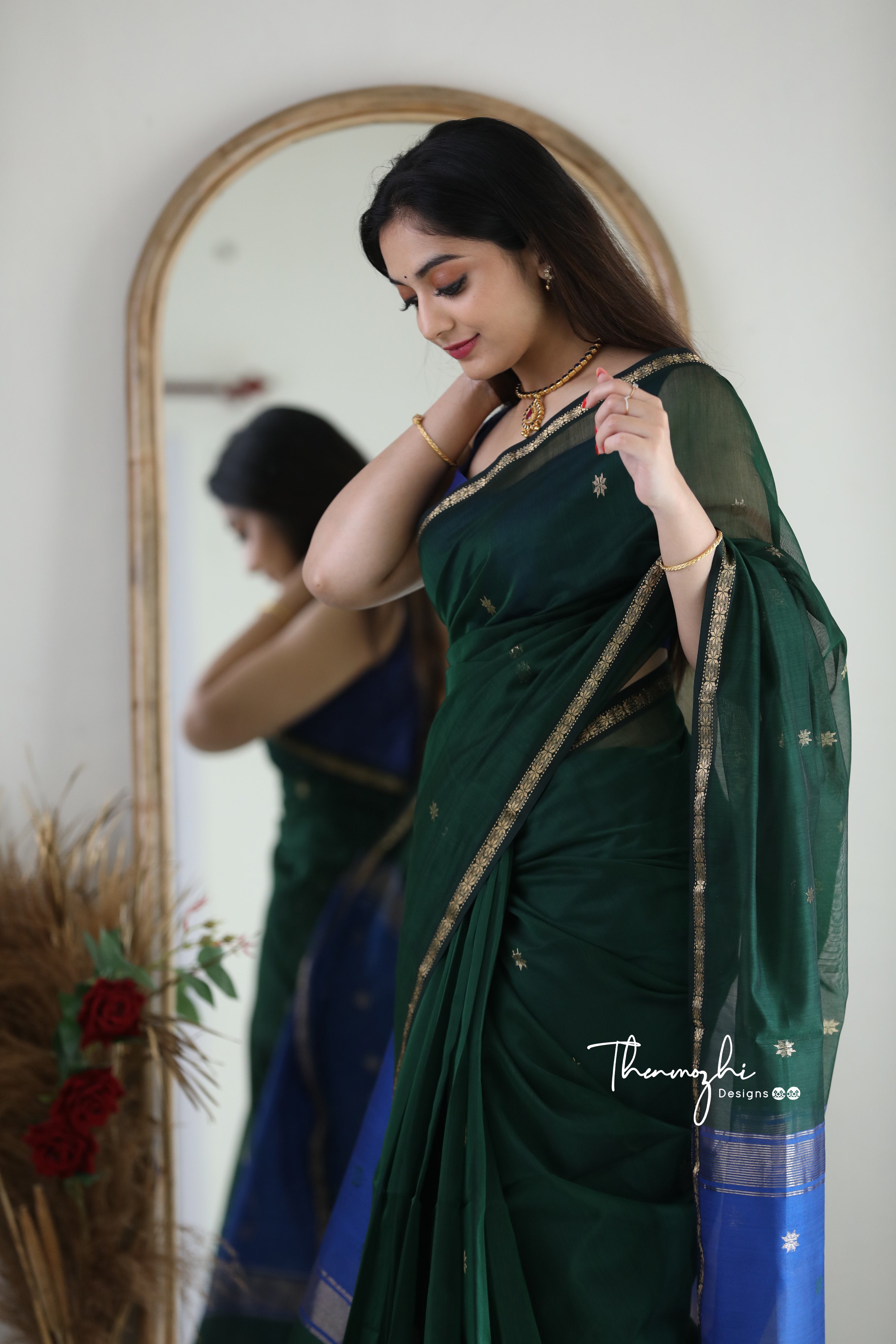 Peacock Green Maheshwari Silk Handloom Cotton Saree