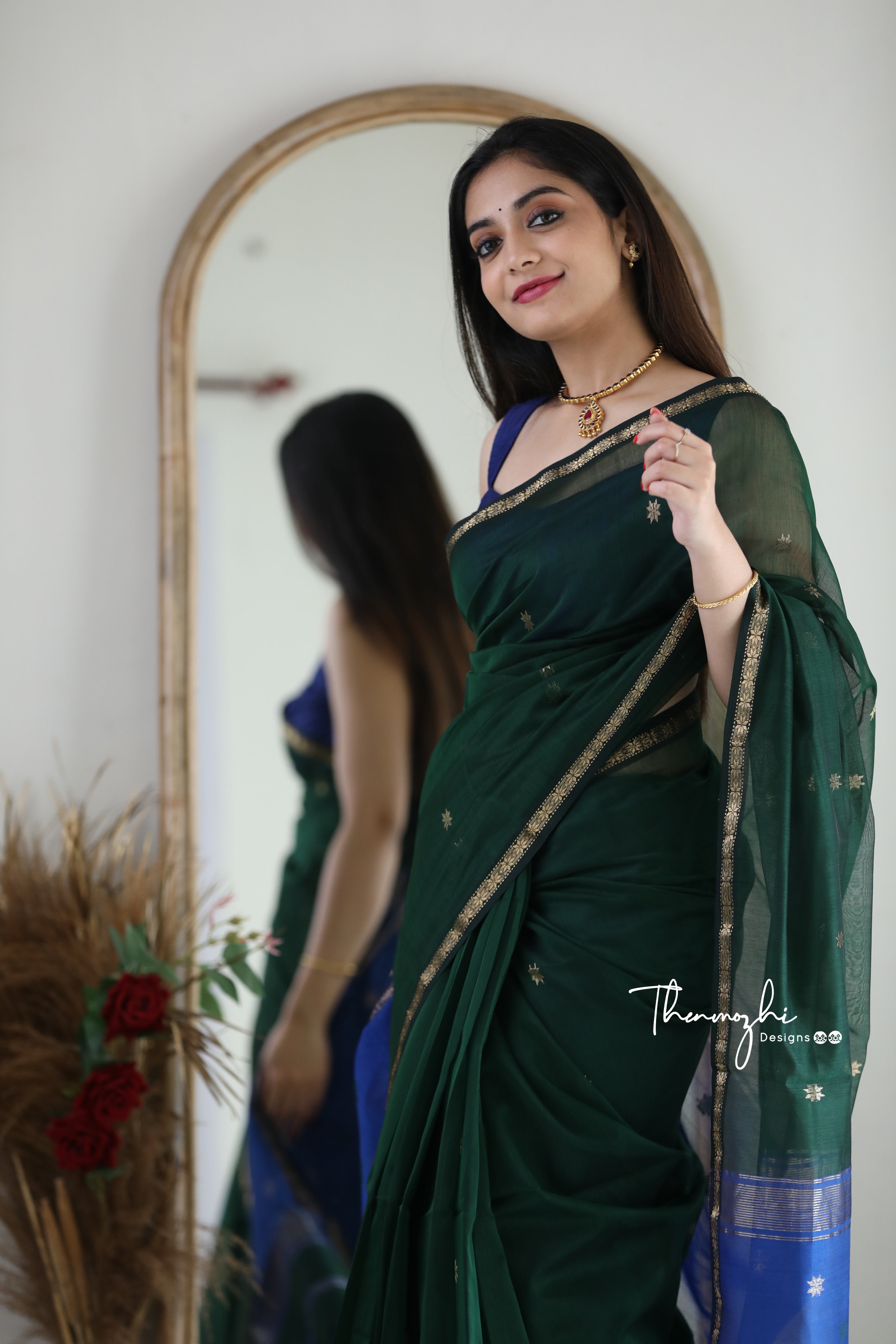 Peacock Green Maheshwari Silk Handloom Cotton Saree