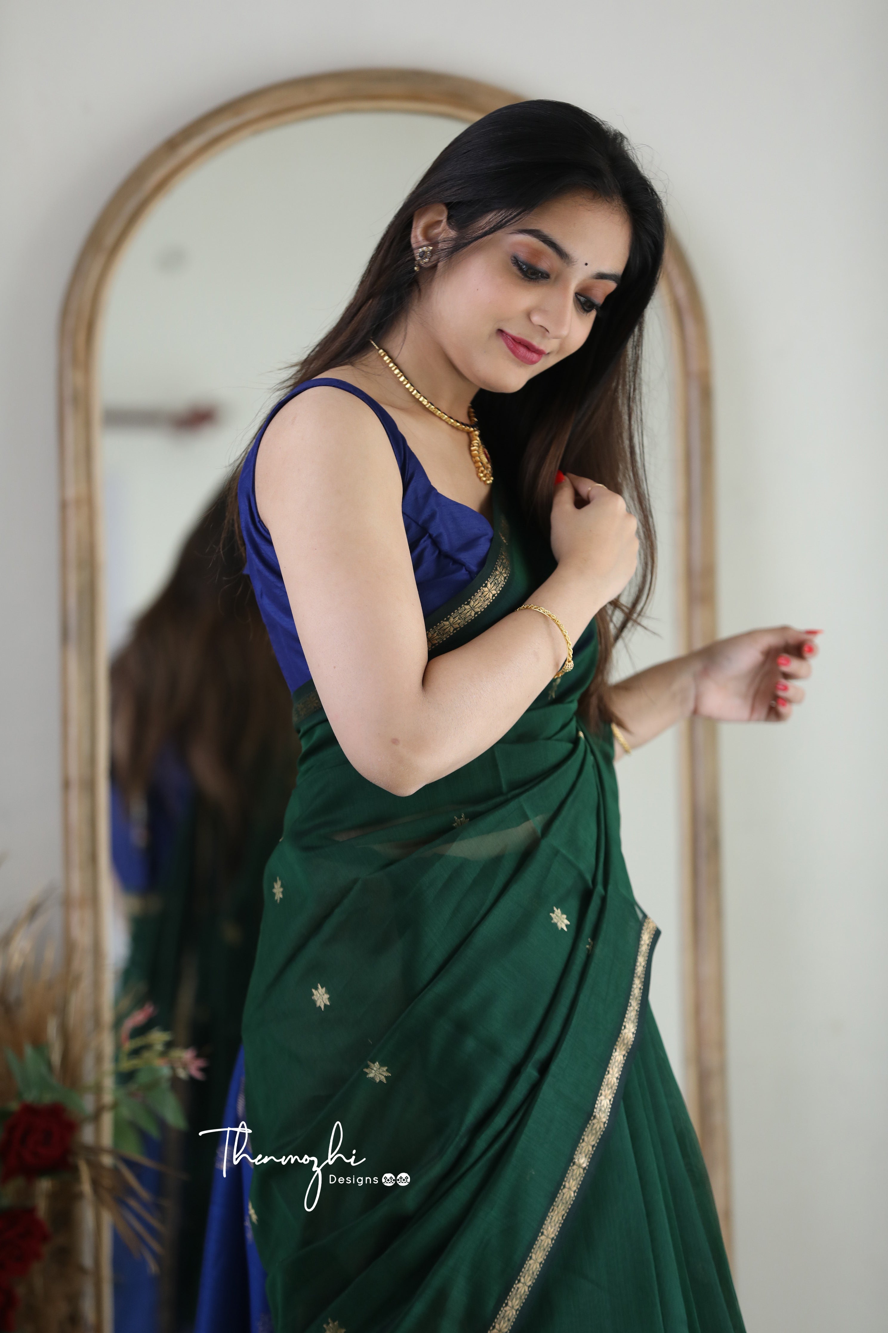 Peacock Green Maheshwari Silk Handloom Cotton Saree