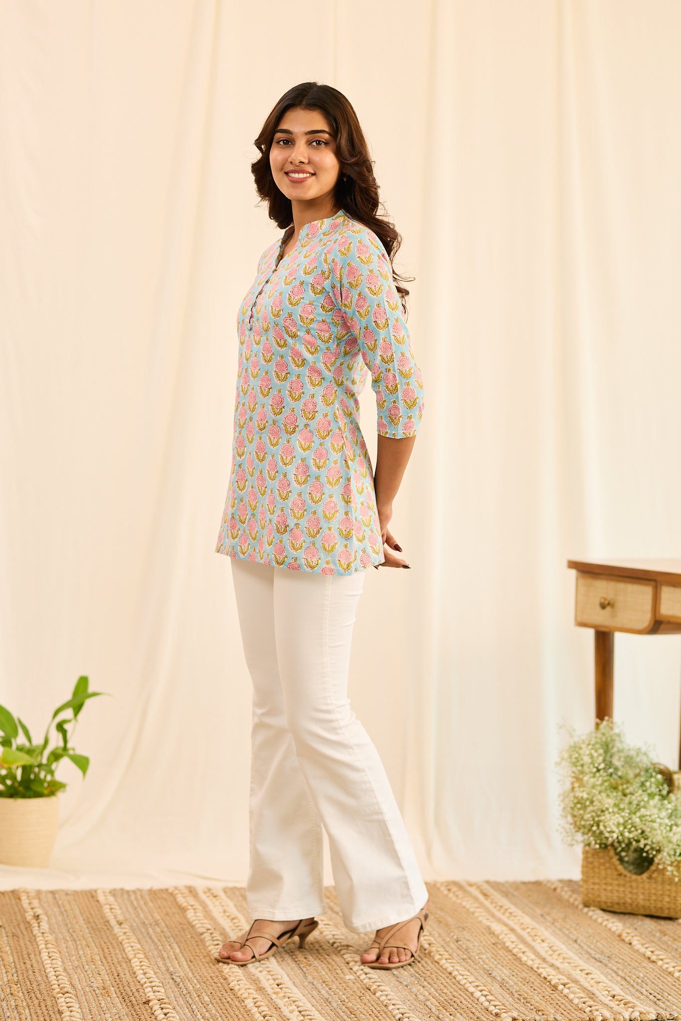 Pastel Blue with Pink Floral Printed Cotton Short Kurti