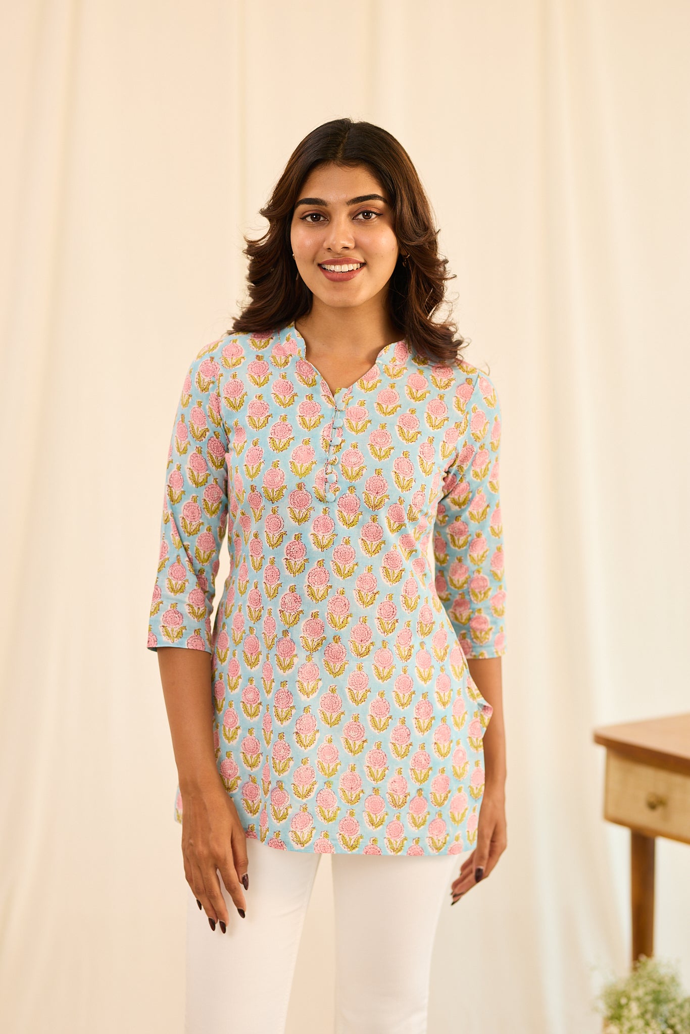 Pastel Blue with Pink Floral Printed Cotton Short Kurti