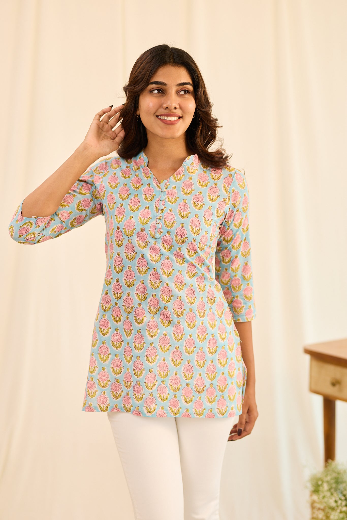 Pastel Blue with Pink Floral Printed Cotton Short Kurti