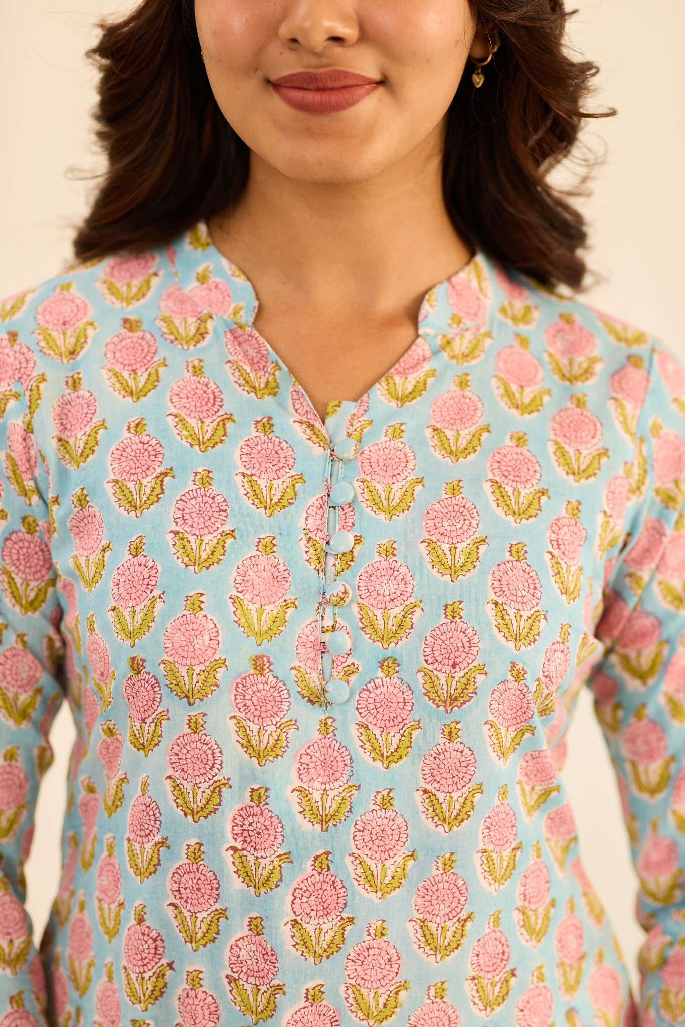 Pastel Blue with Pink Floral Printed Cotton Short Kurti