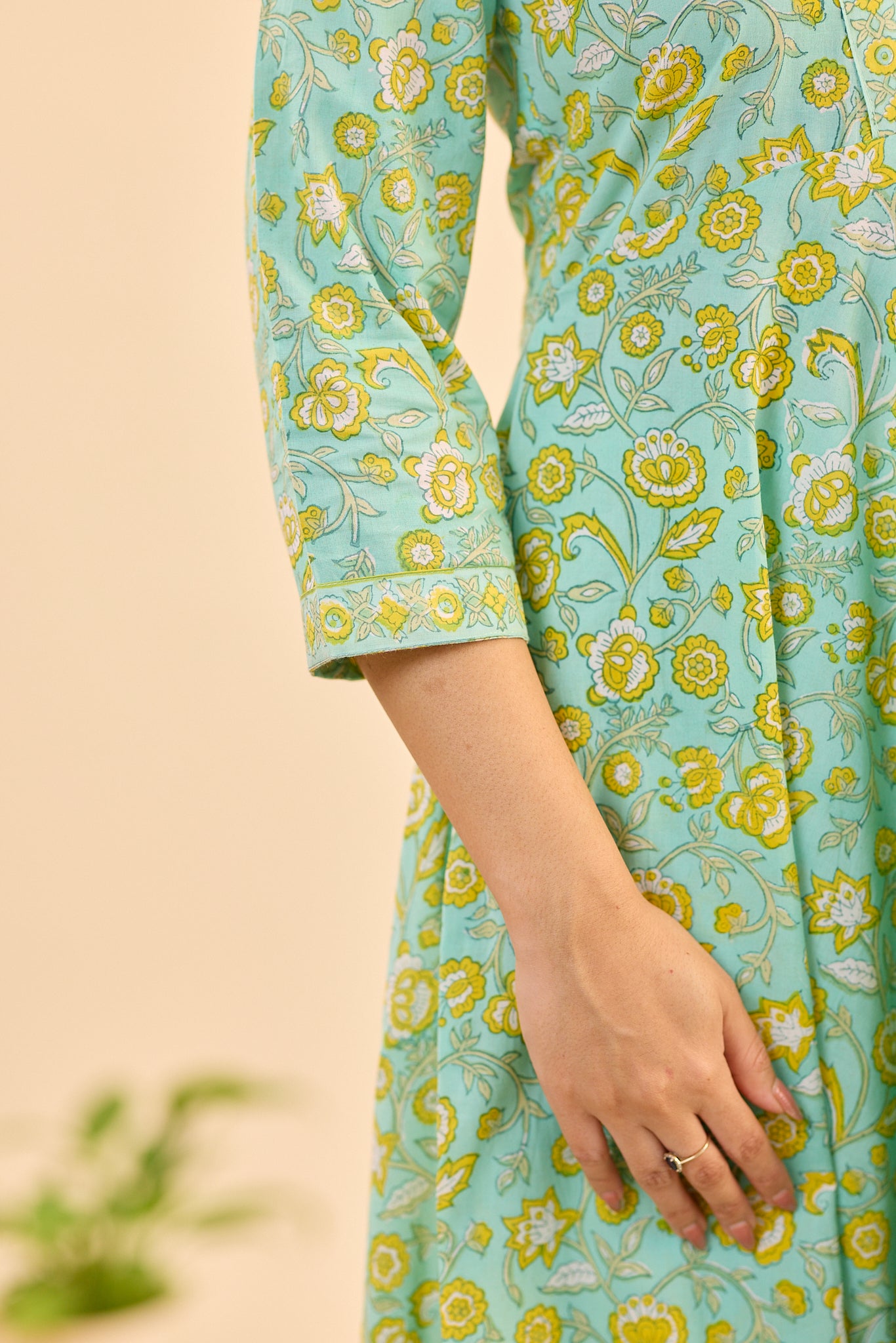 Pastel Mint with Yellow Floral Block Printed Anarkali Cotton Salwar Suit Set with Kota Dupatta