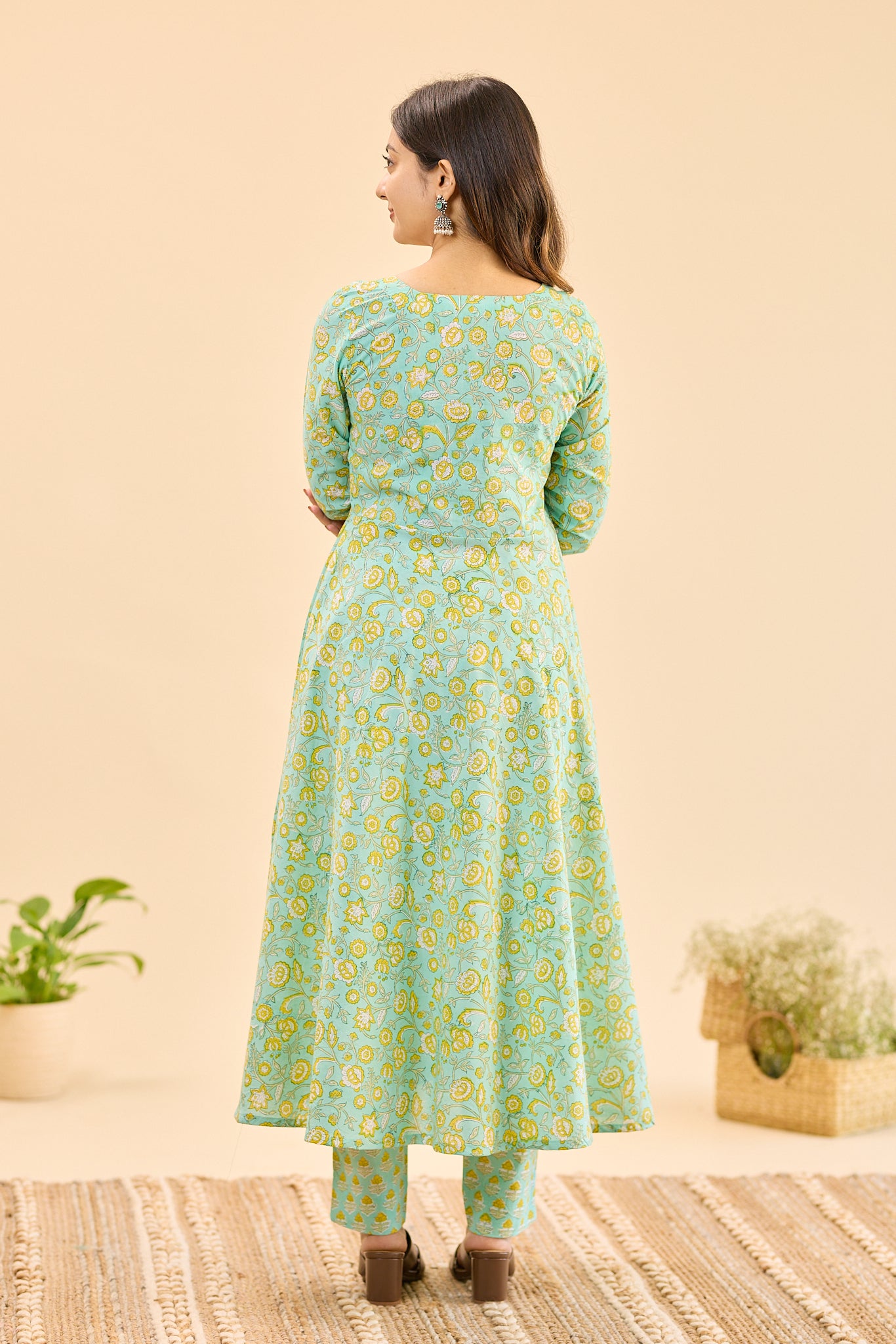 Pastel Mint with Yellow Floral Block Printed Anarkali Cotton Salwar Suit Set with Kota Dupatta
