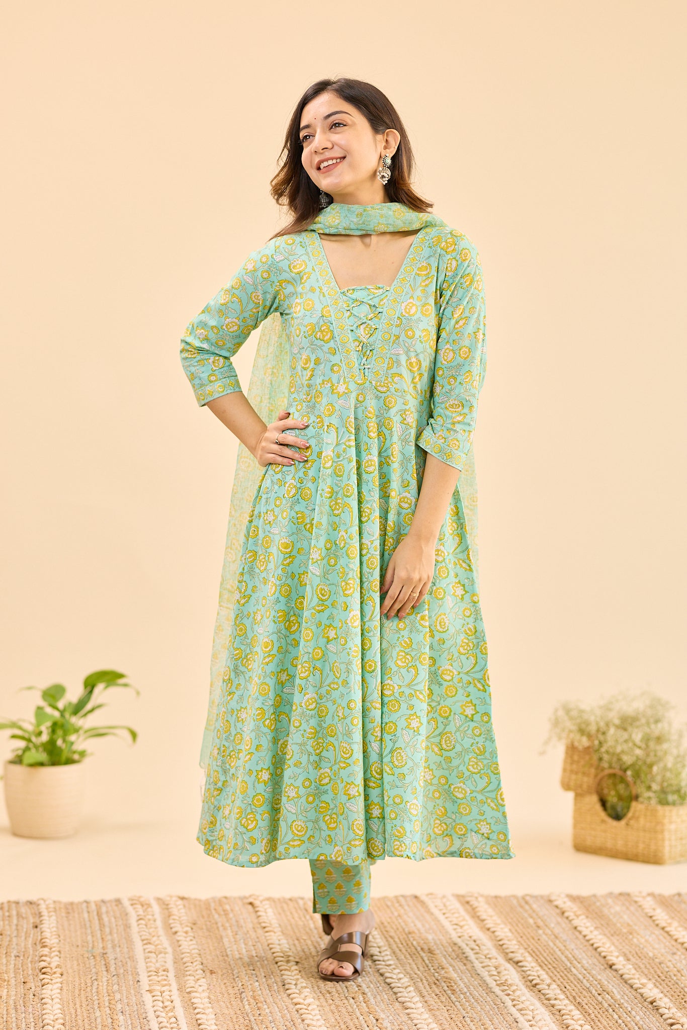 Pastel Mint with Yellow Floral Block Printed Anarkali Cotton Salwar Suit Set with Kota Dupatta