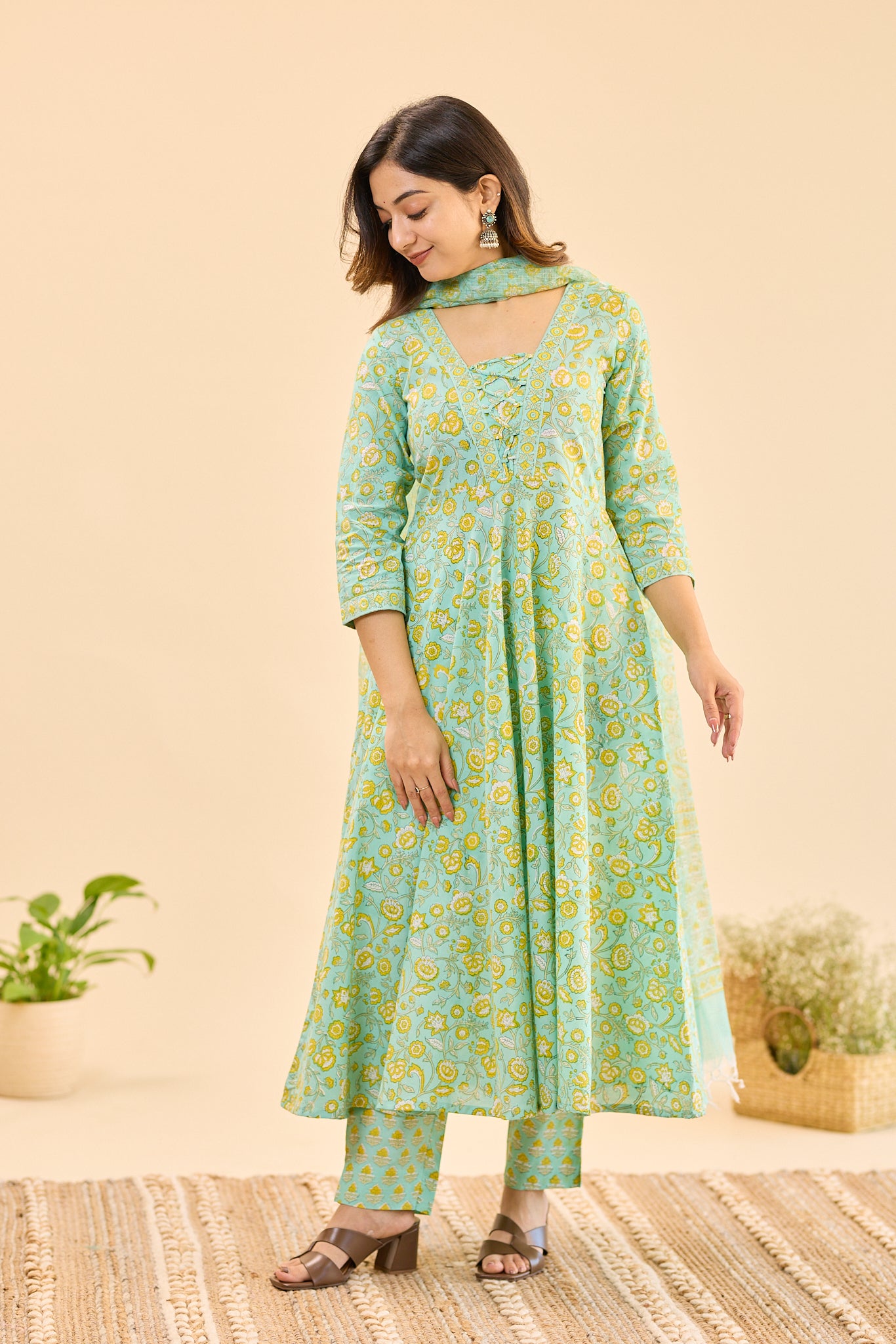 Pastel Mint with Yellow Floral Block Printed Anarkali Cotton Salwar Suit Set with Kota Dupatta