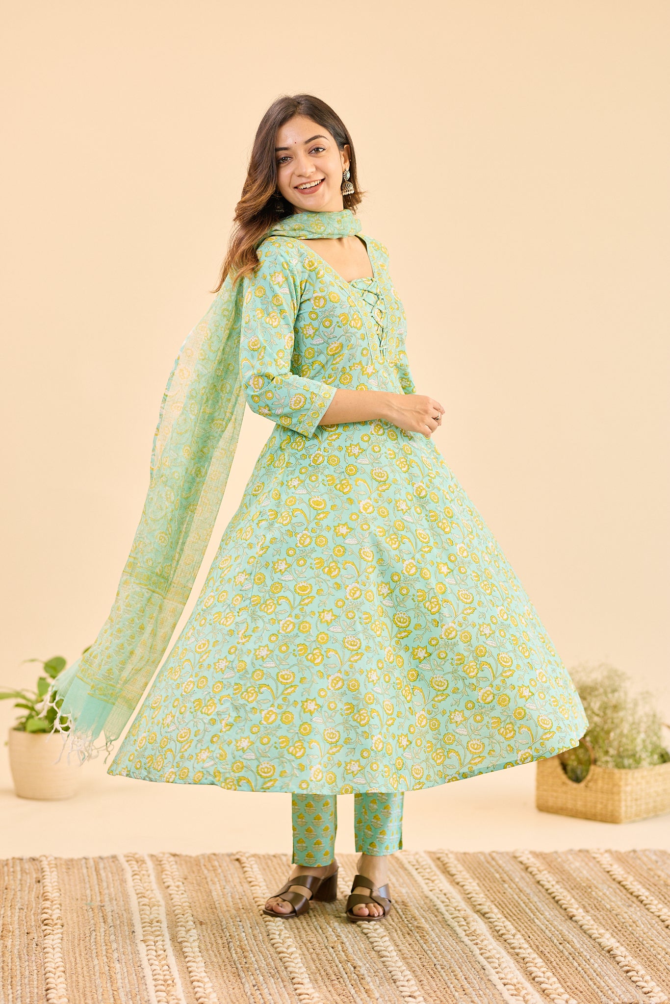 Pastel Mint with Yellow Floral Block Printed Anarkali Cotton Salwar Suit Set with Kota Dupatta