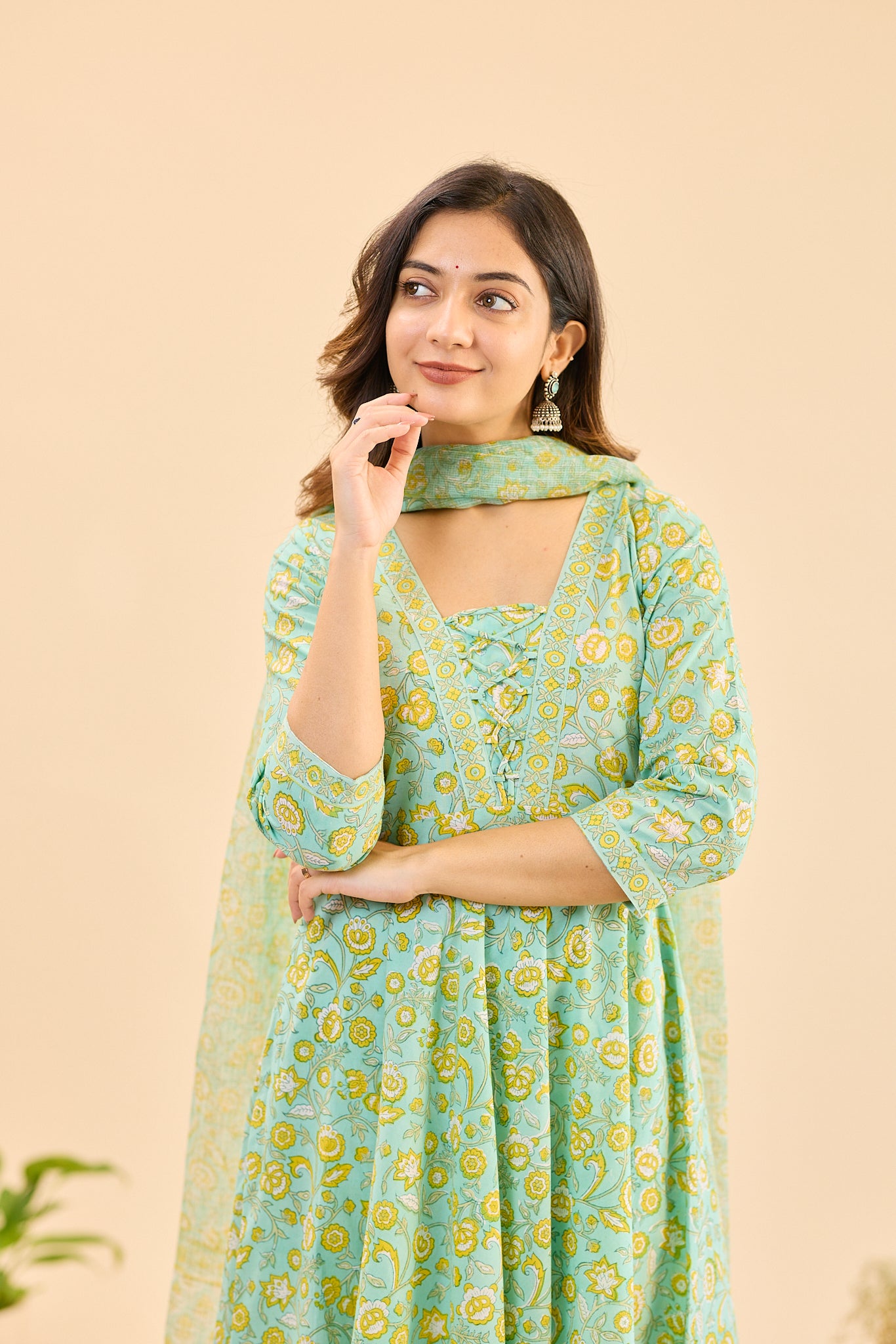Pastel Mint with Yellow Floral Block Printed Anarkali Cotton Salwar Suit Set with Kota Dupatta