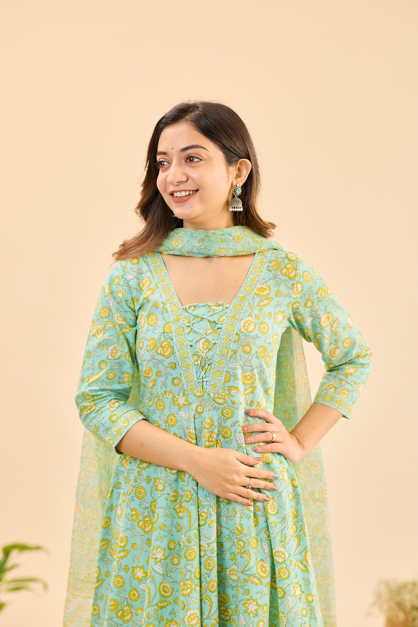 Pastel Mint with Yellow Floral Block Printed Anarkali Cotton Salwar Suit Set with Kota Dupatta