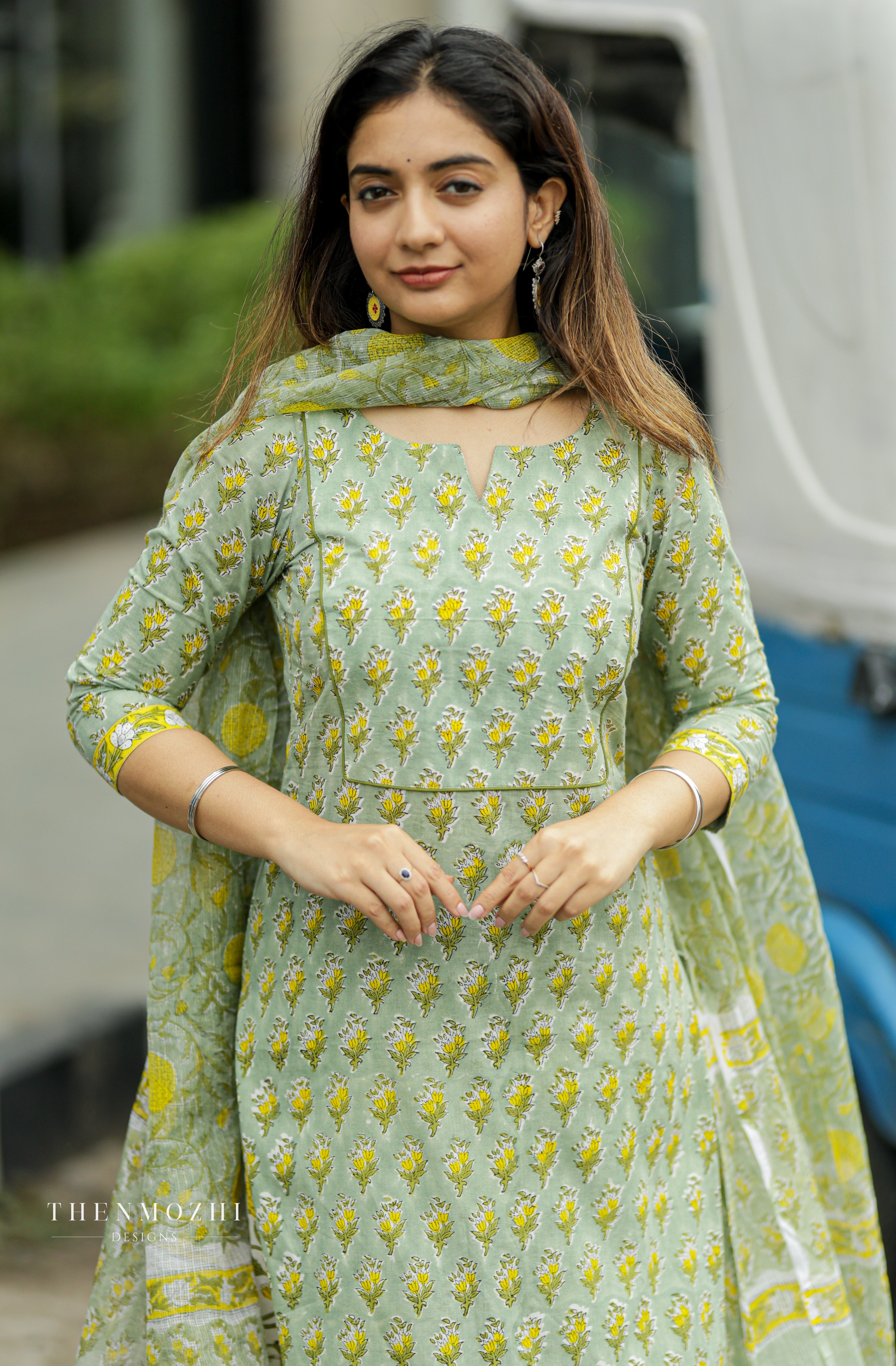 Pastel Pistachio Green Floral Block Printed suit set