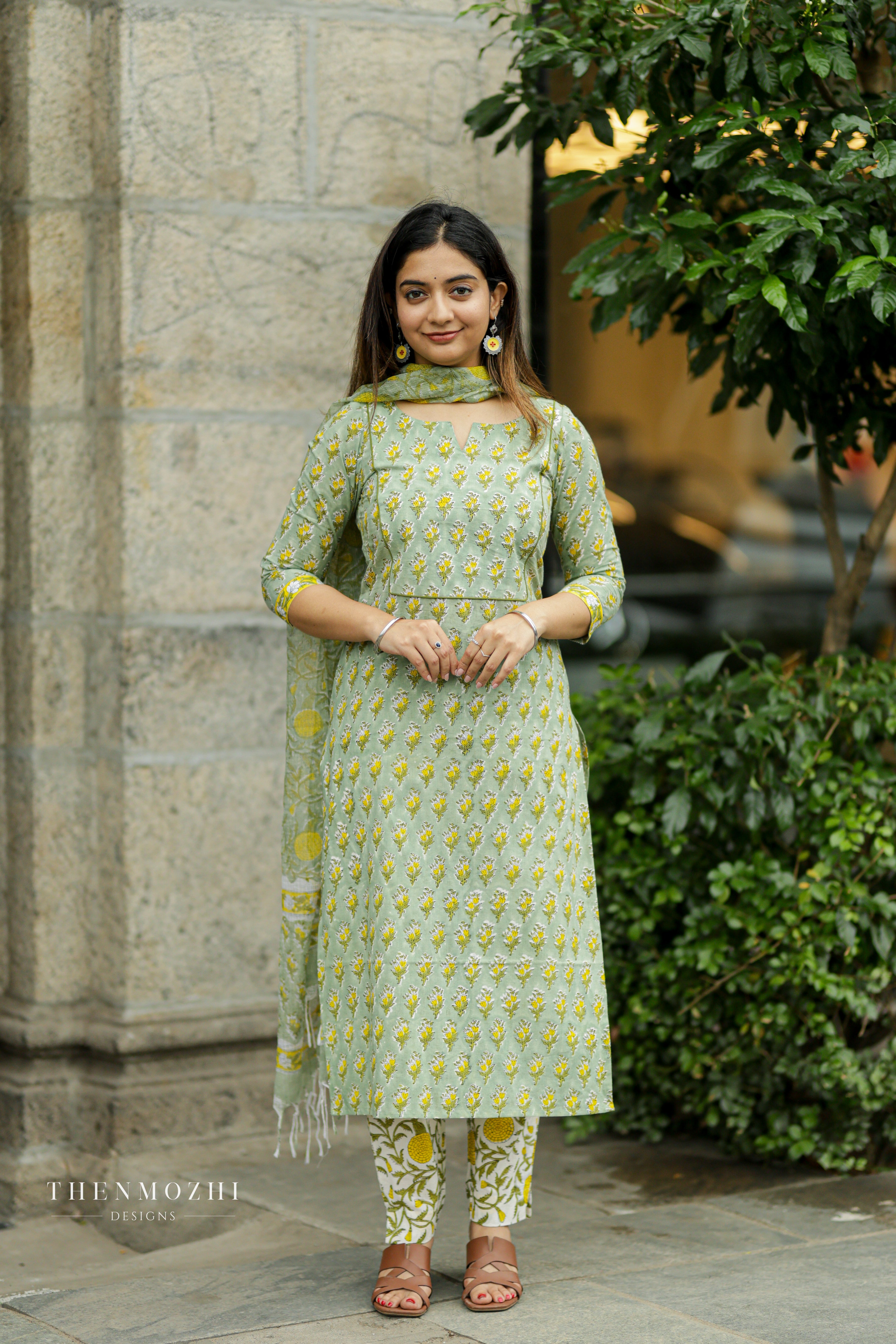 Pastel Pistachio Green Floral Block Printed suit set