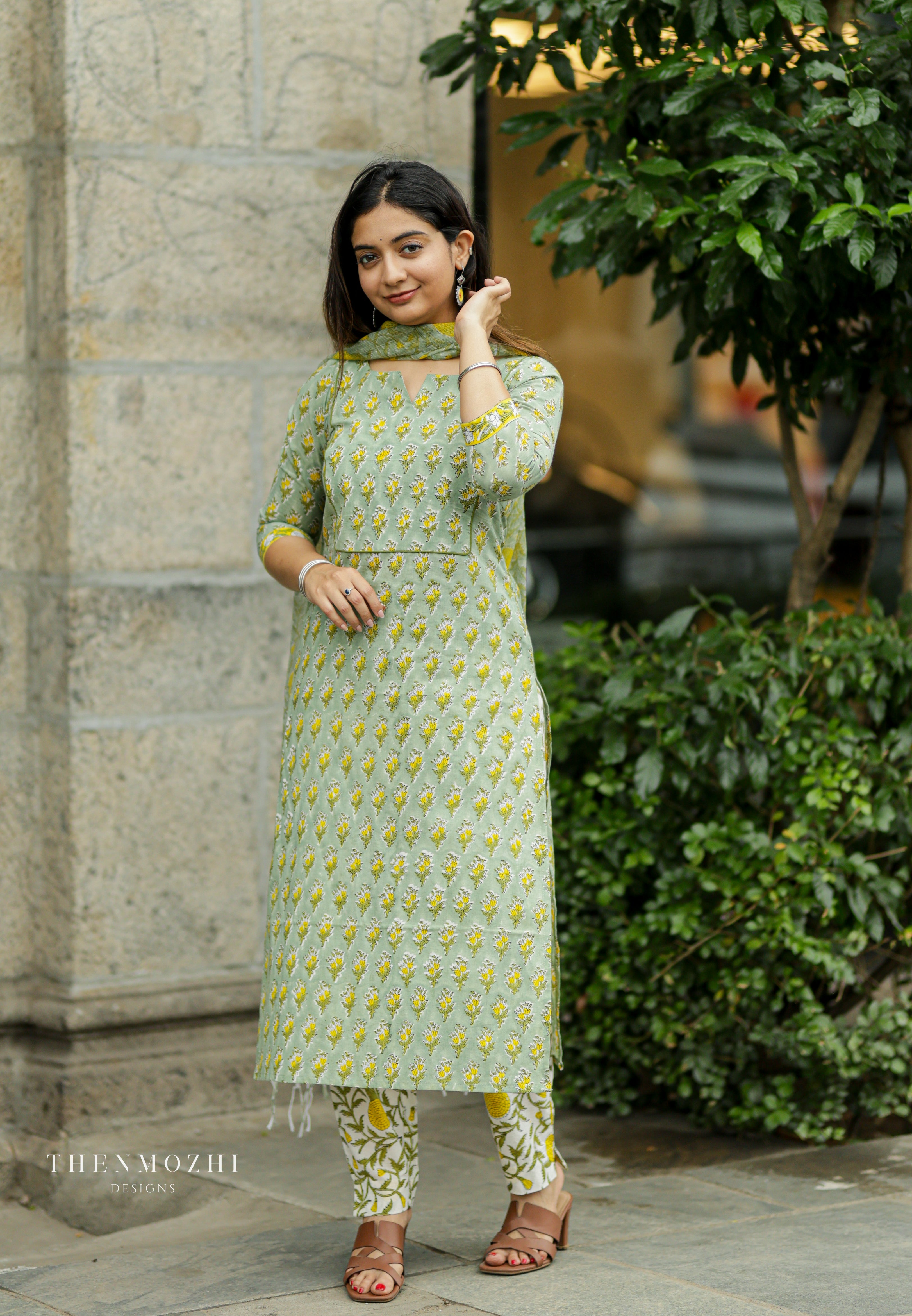 Pastel Pistachio Green Floral Block Printed suit set